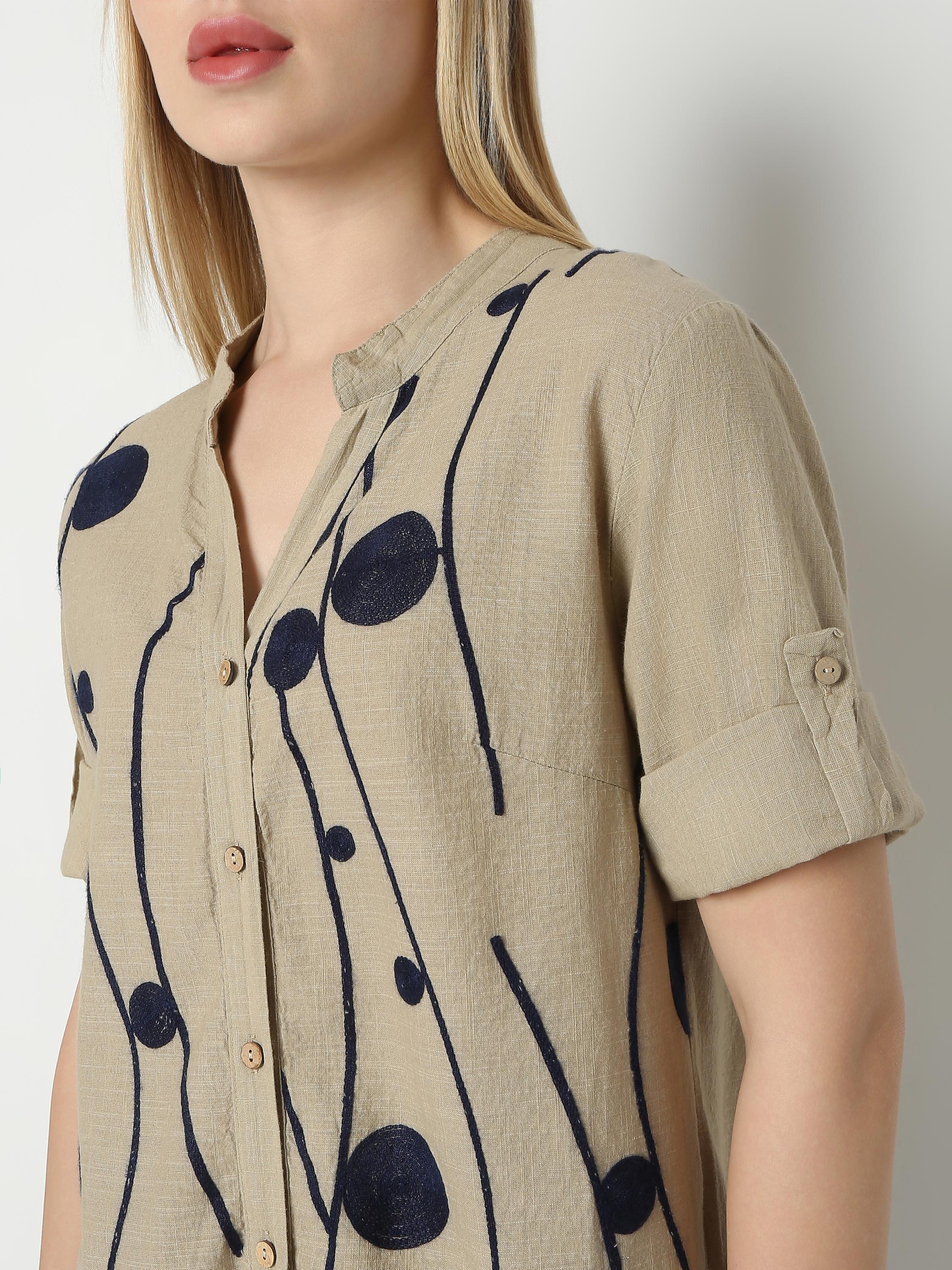 Beige Linen Shirt with Navy Circle Embroidery
