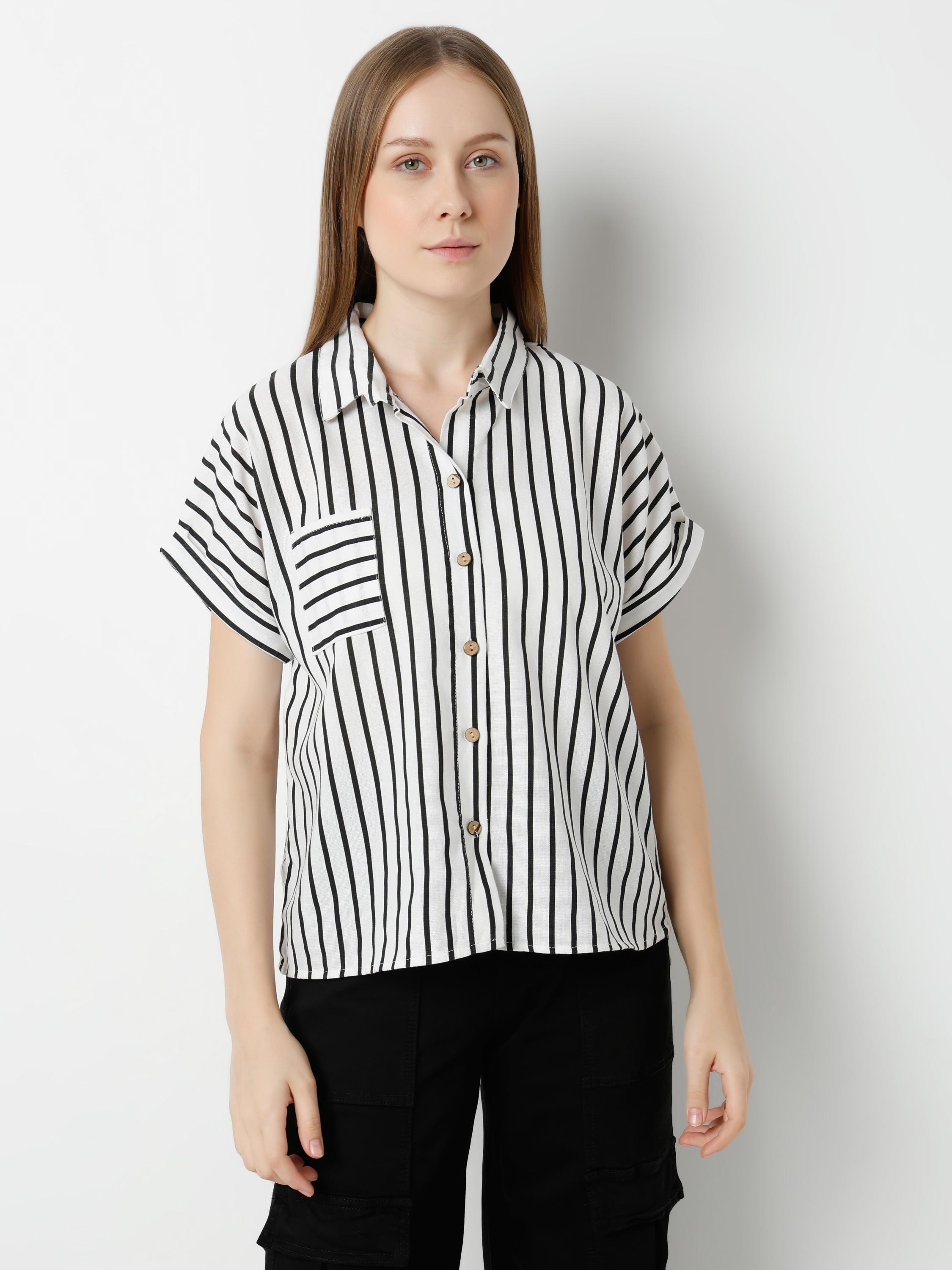 Stripe Crop Shirt with Cuban Collar