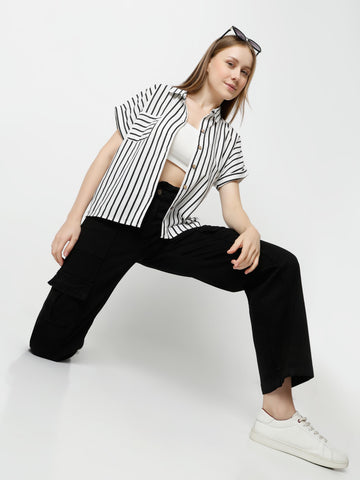 Stripe Crop Shirt with Cuban Collar