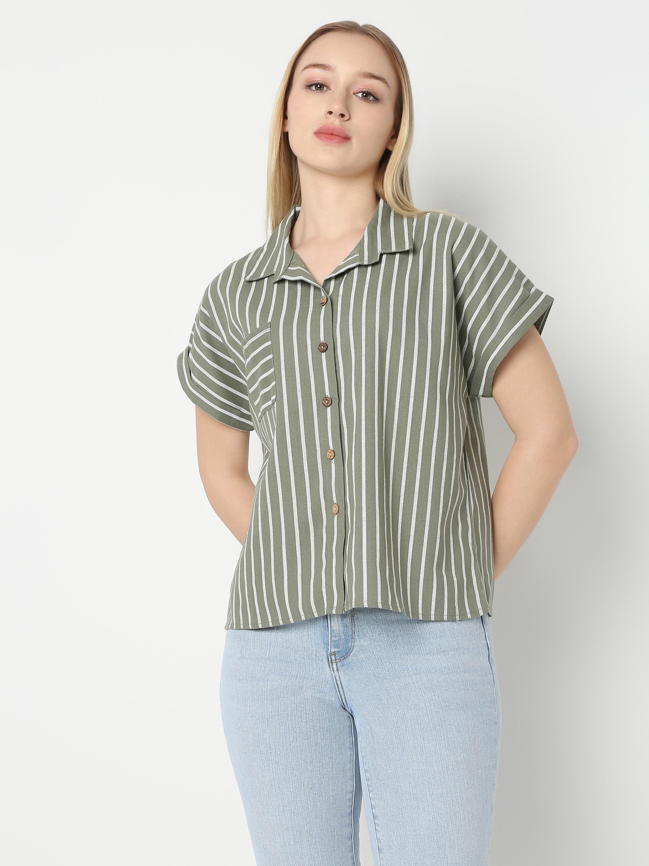 Stripe Crop Shirt with Cuban Collar