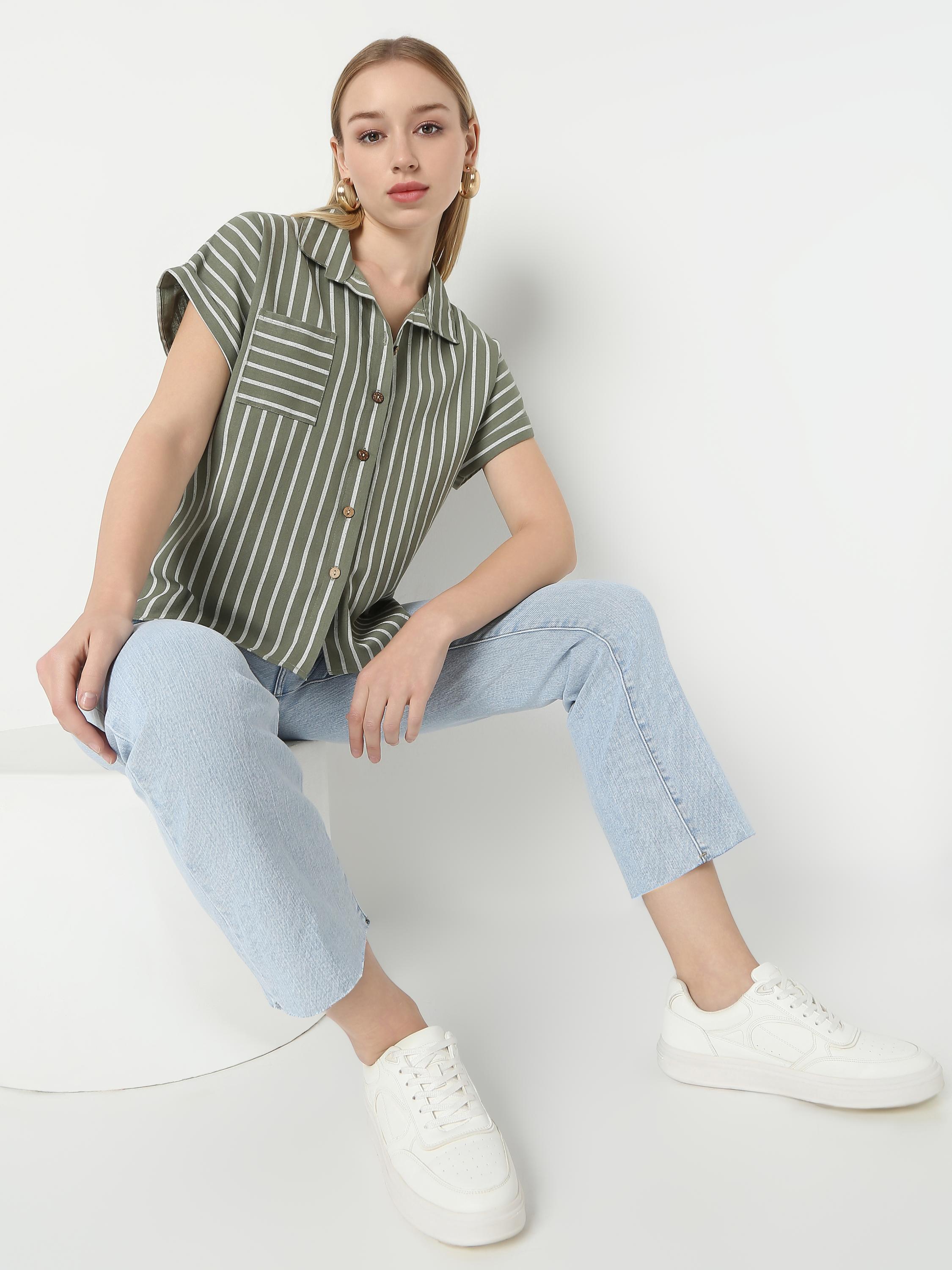 Stripe Crop Shirt with Cuban Collar