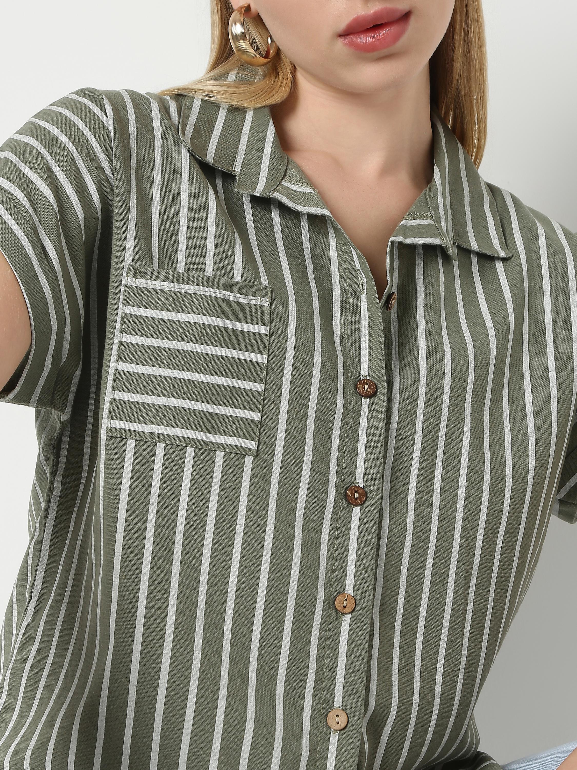 Stripe Crop Shirt with Cuban Collar