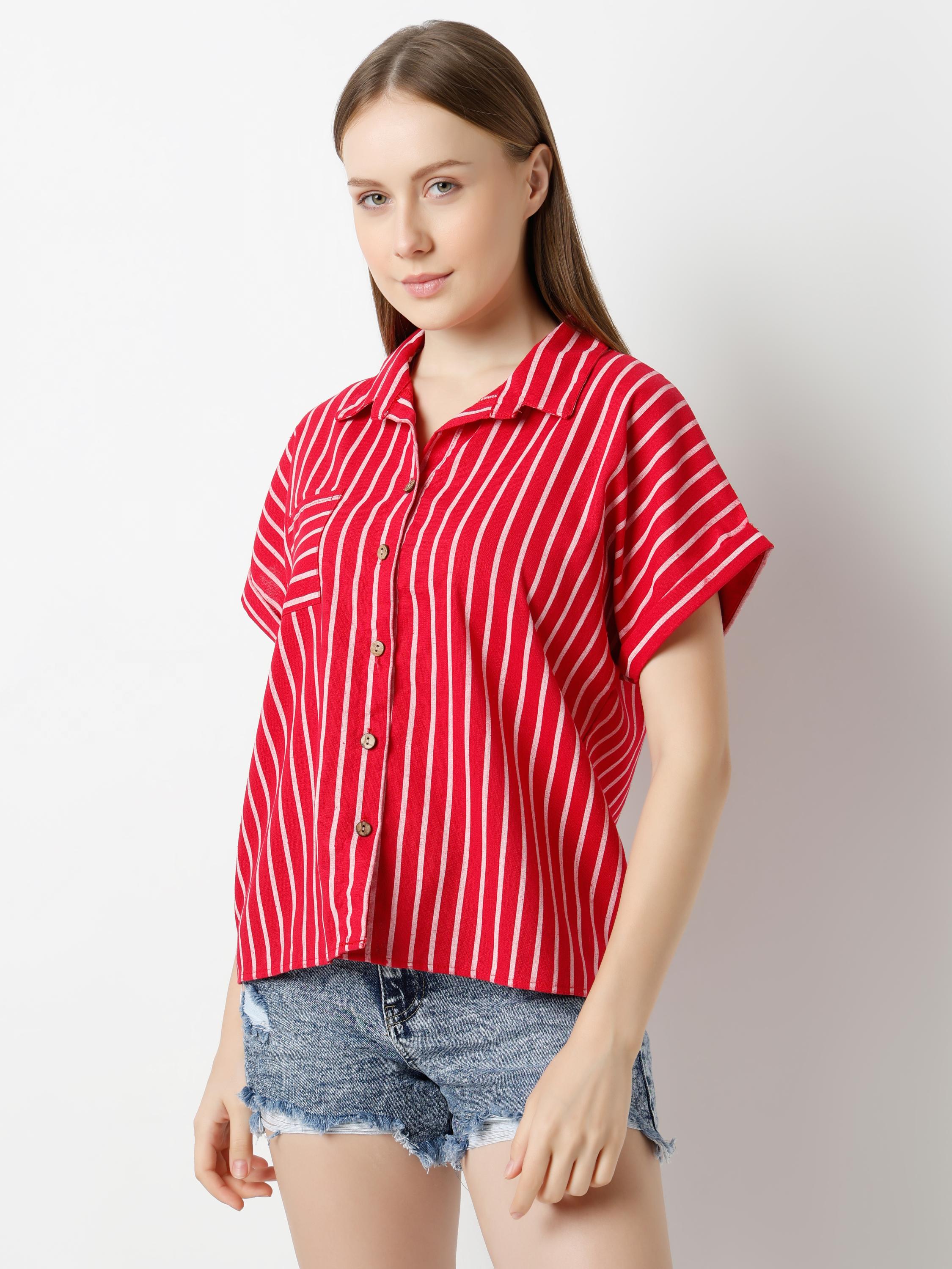 Stripe Crop Shirt with Cuban Collar