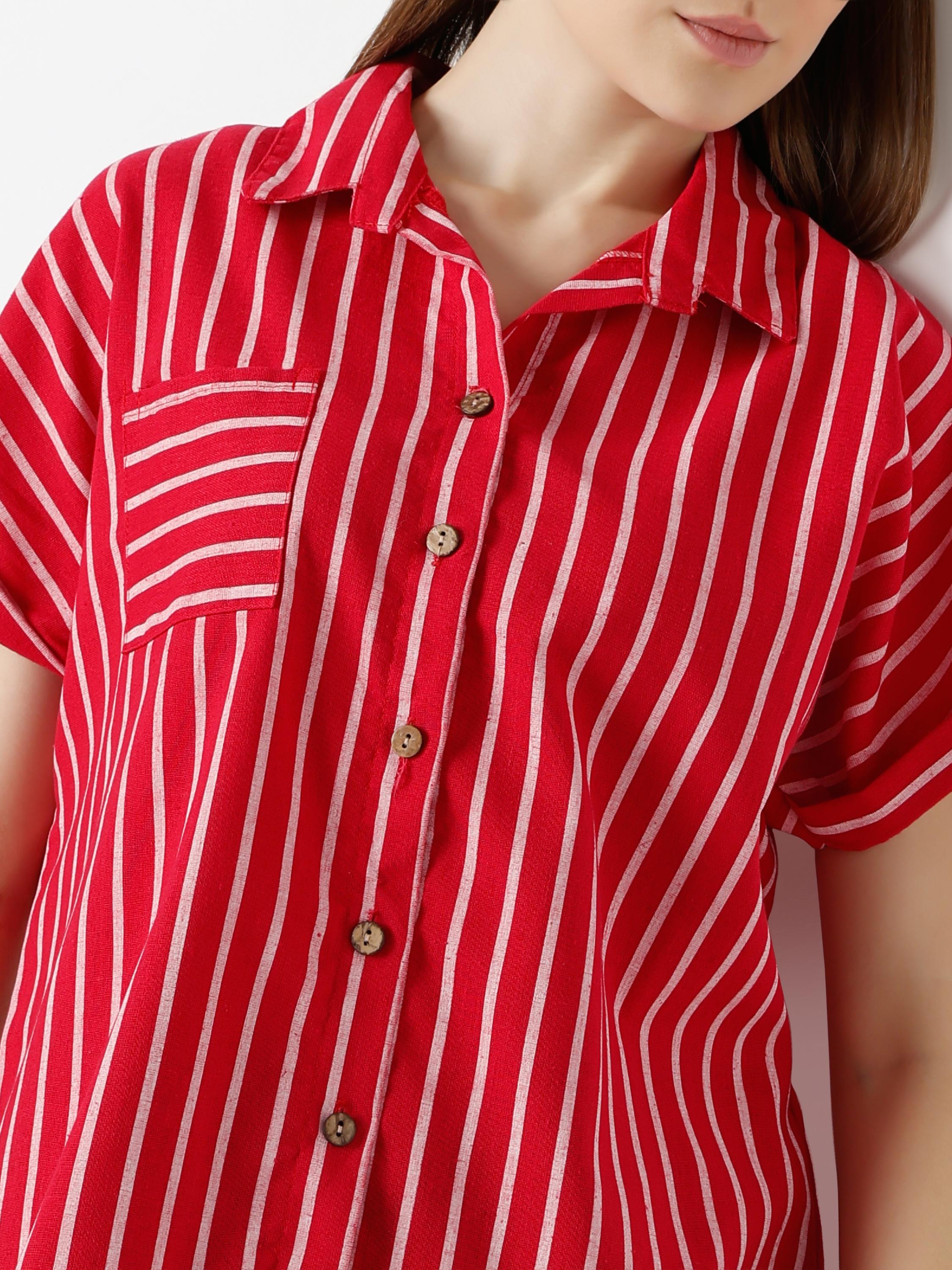 Stripe Crop Shirt with Cuban Collar