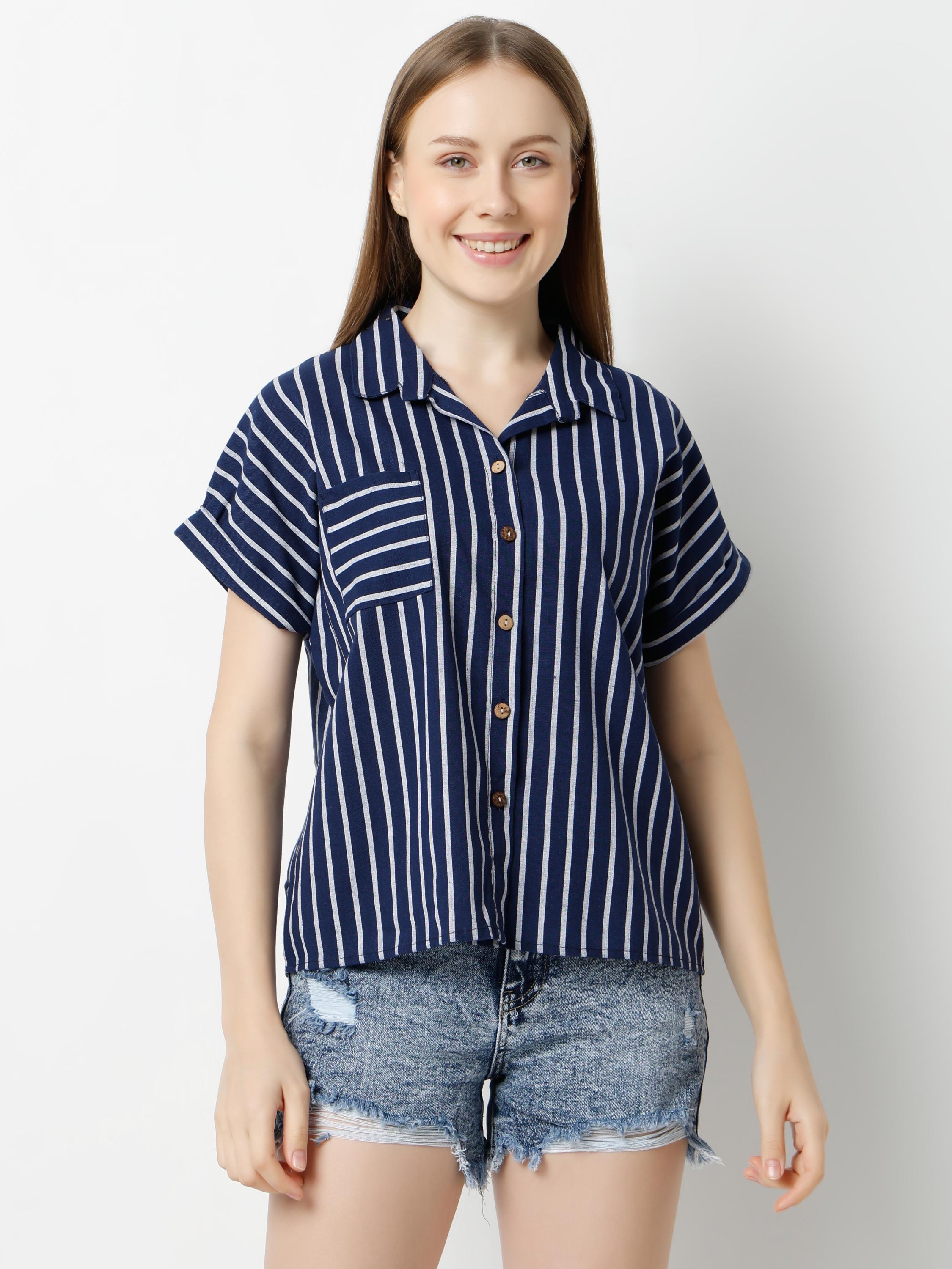 Stripe Crop Shirt with Cuban Collar