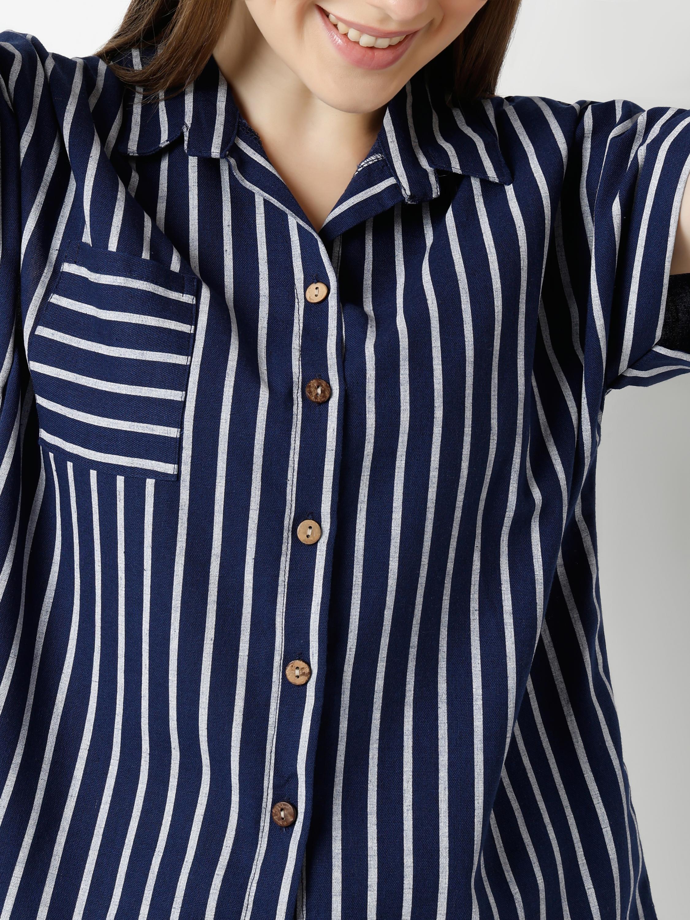 Stripe Crop Shirt with Cuban Collar
