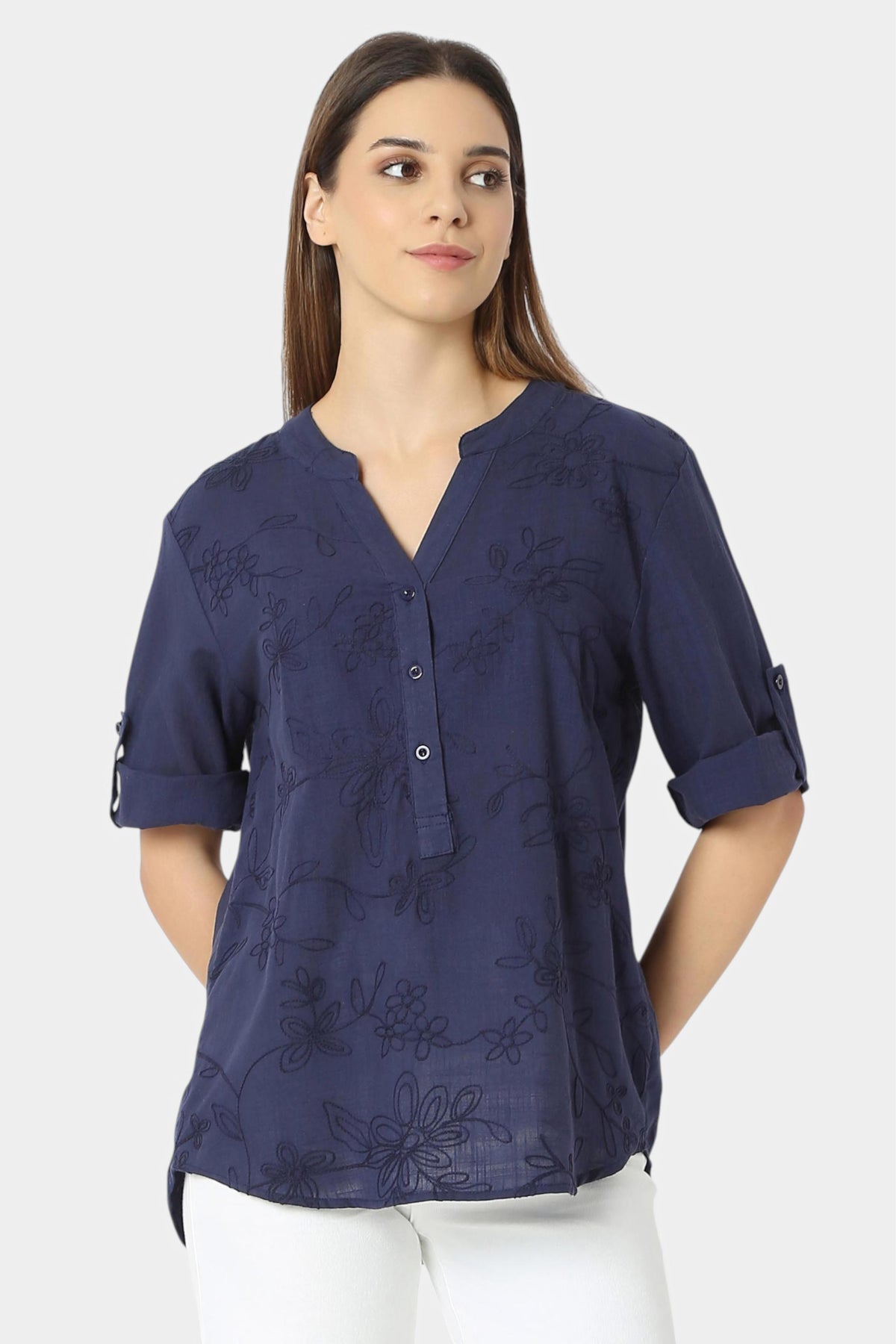 Floral Embroidered Band Collar Top