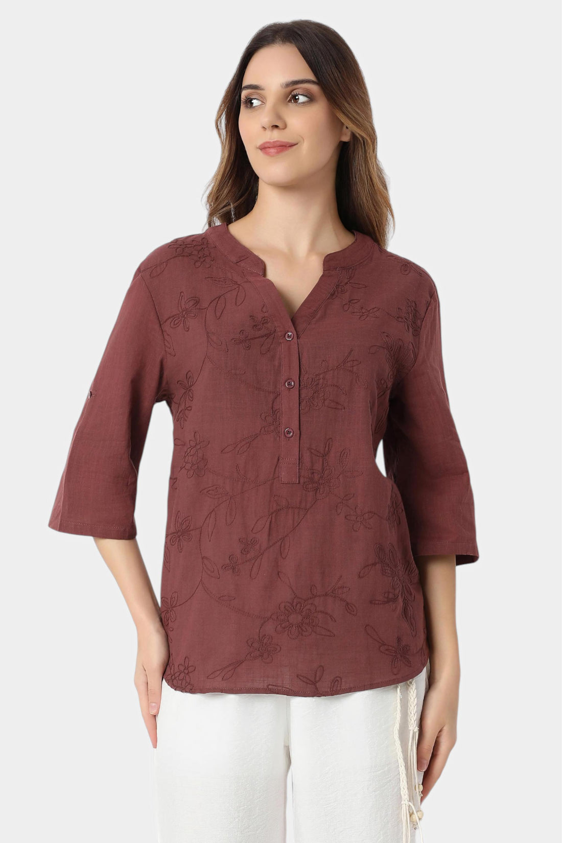 Floral Embroidered Band Collar Top