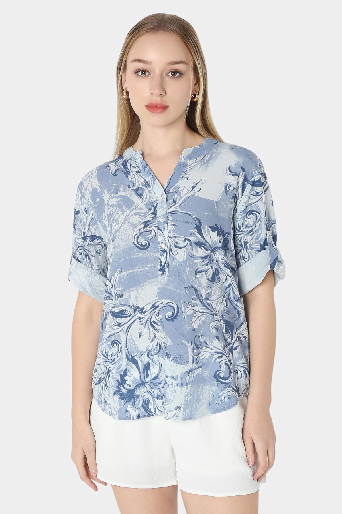 Baroque Print Mandarin Collar Top