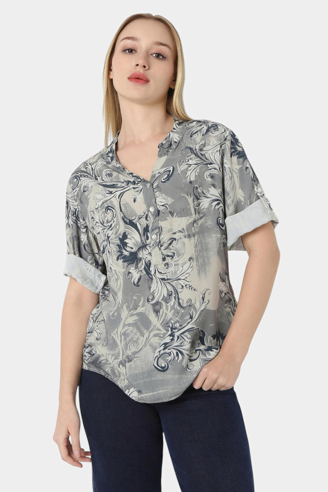 Baroque Print Mandarin Collar Top