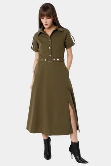 Olive Studded Belted Shirt Midi Dress