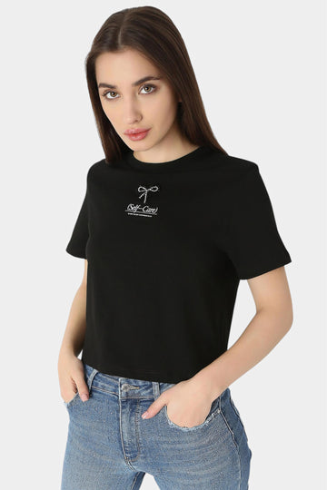 Black Self-Care Embellished Bow Crop T-Shirt