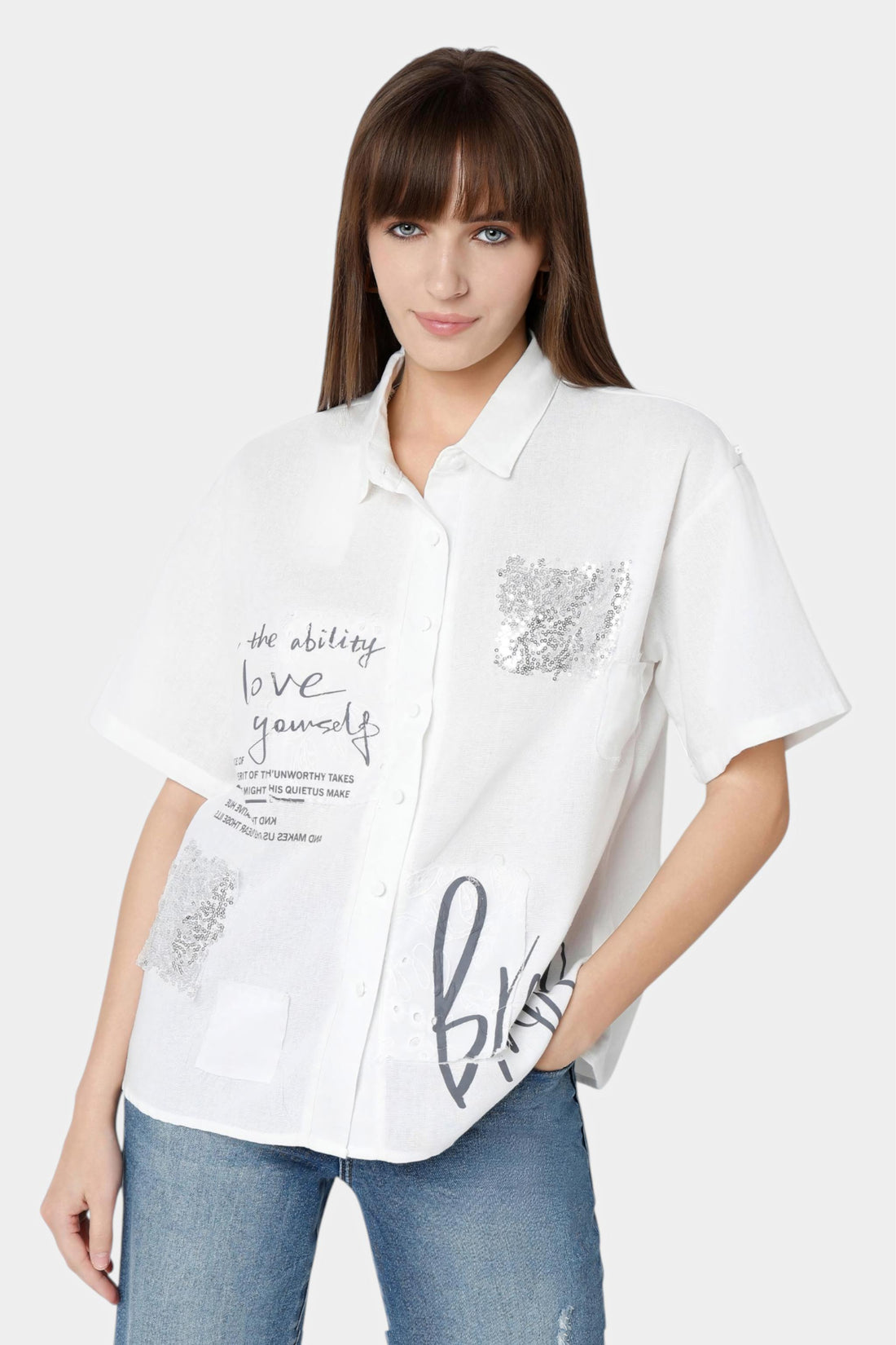 Typography Print Shirt with Sequin Patches