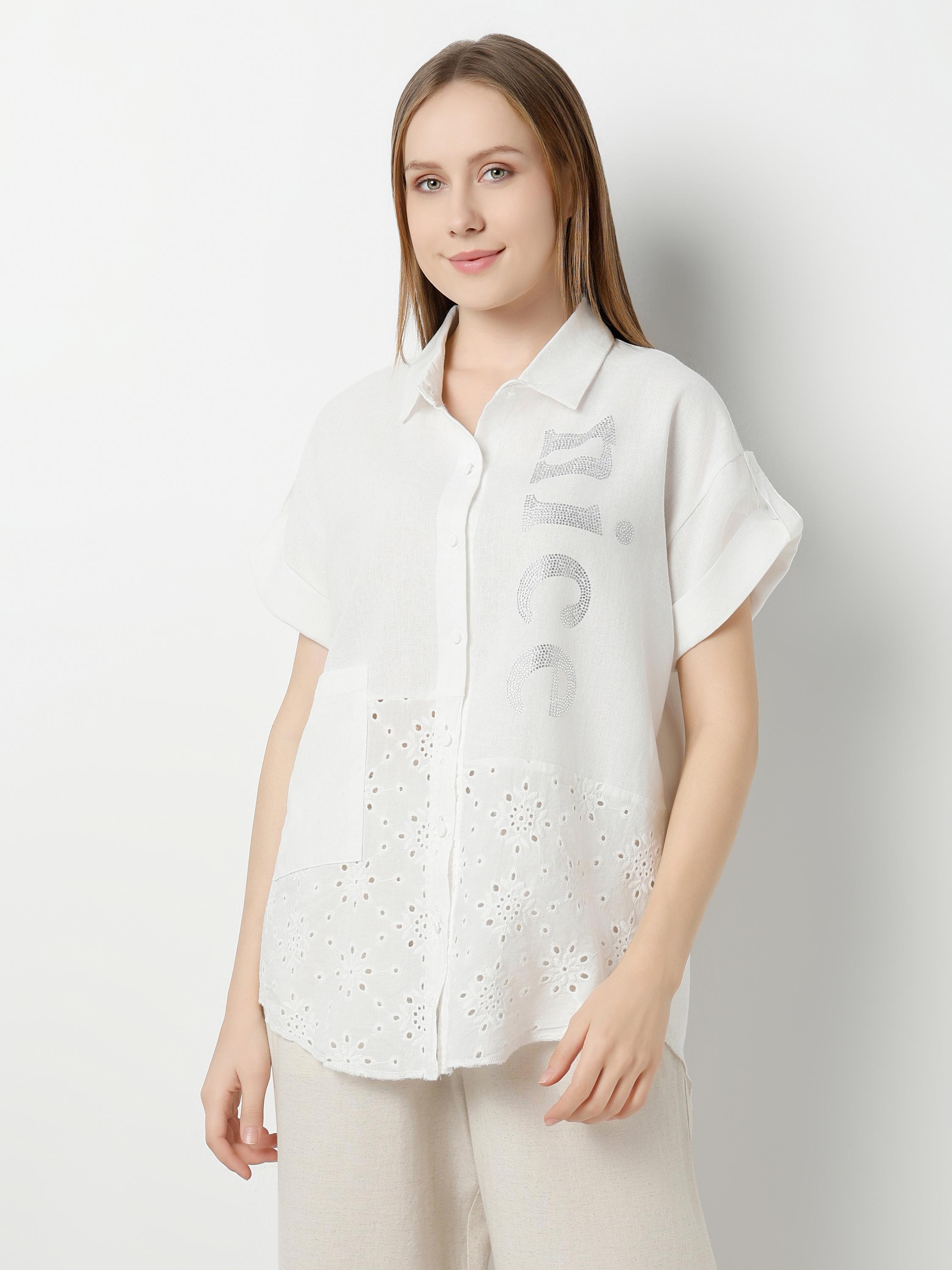 White Linen Oversized Shirt with Rhinestone & Eyelet Detail