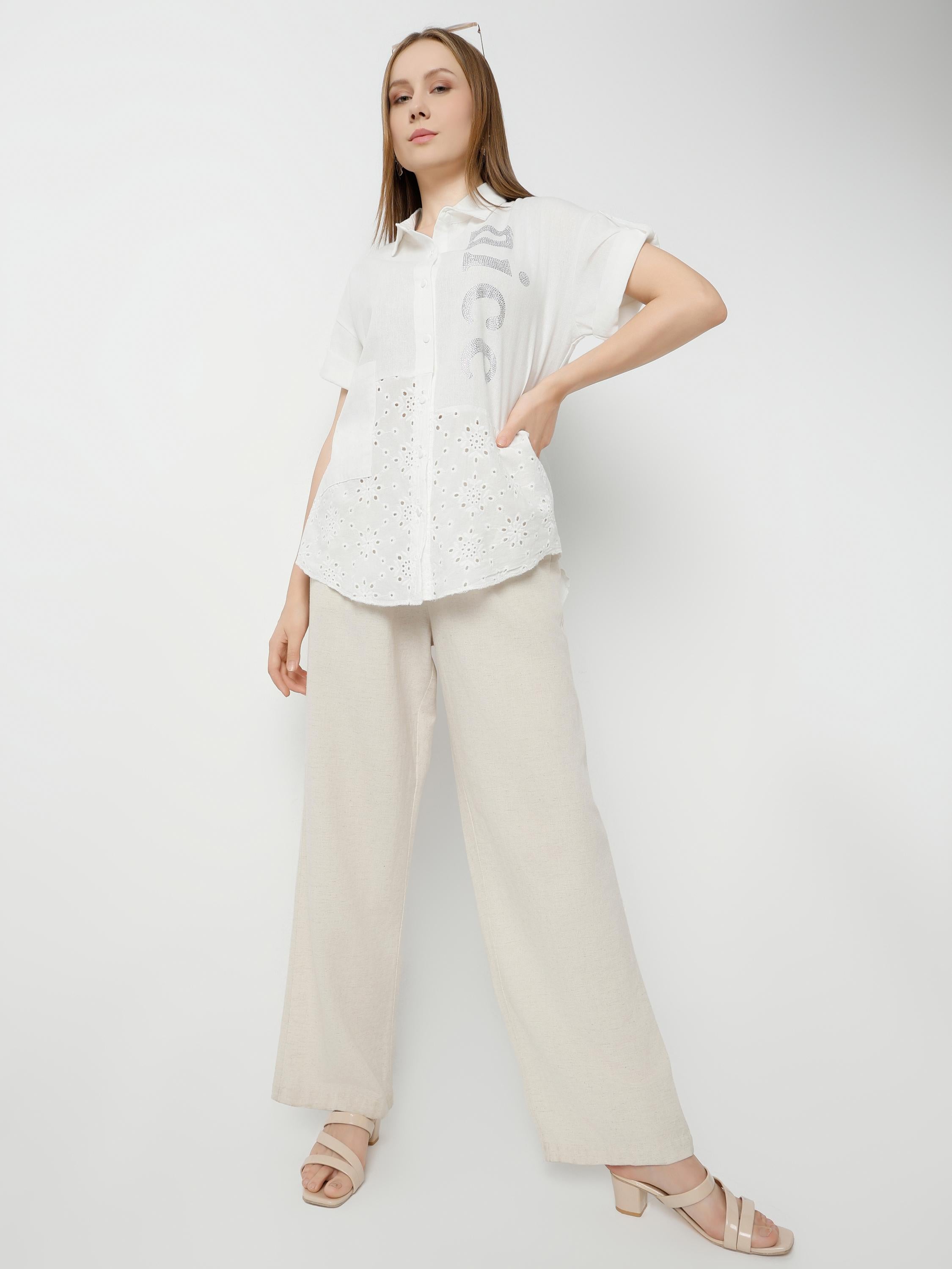 White Linen Oversized Shirt with Rhinestone & Eyelet Detail