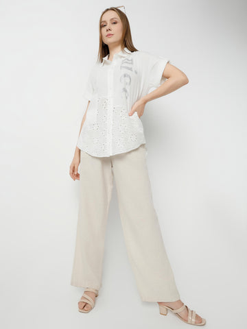 White Linen Oversized Shirt with Rhinestone & Eyelet Detail