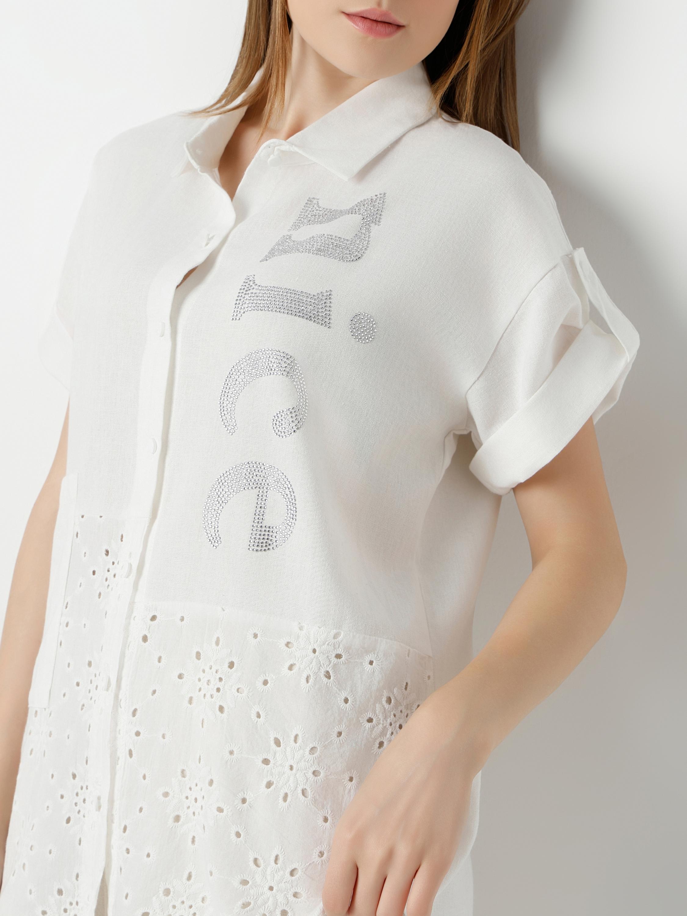 White Linen Oversized Shirt with Rhinestone & Eyelet Detail