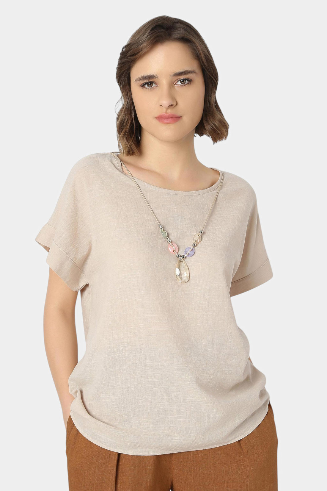 Relaxed Top with Beaded Necklace