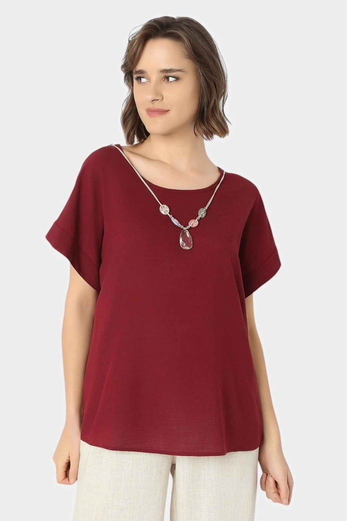 Relaxed Top with Beaded Necklace