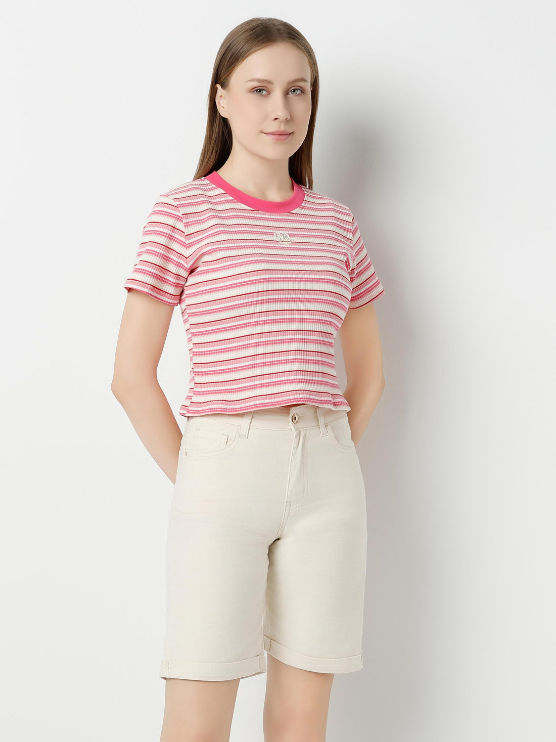 Multi-Stripe Ribbed Fitted Crop Top with Contrast Crew Neck