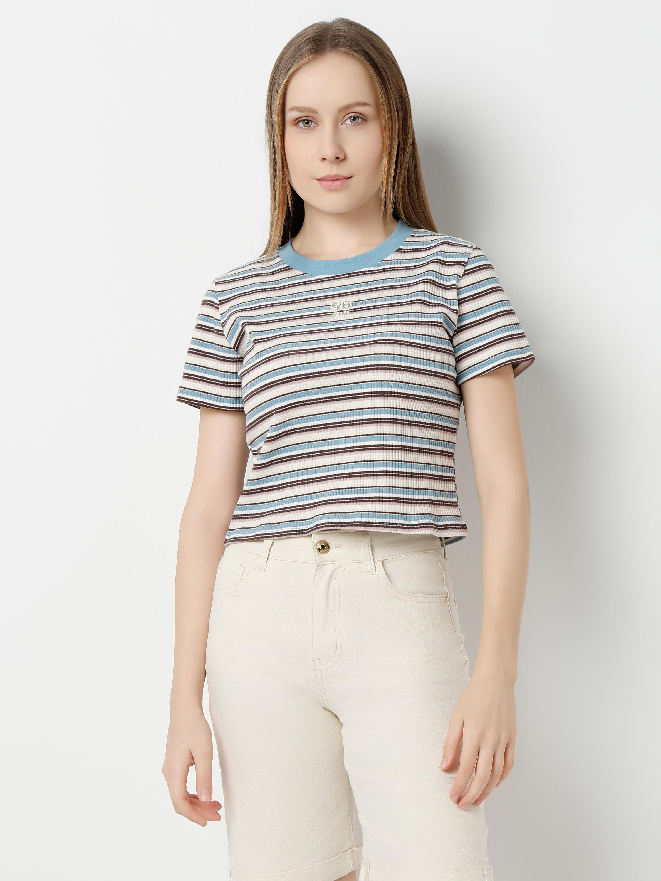 Multi-Stripe Ribbed Fitted Crop Top with Contrast Crew Neck