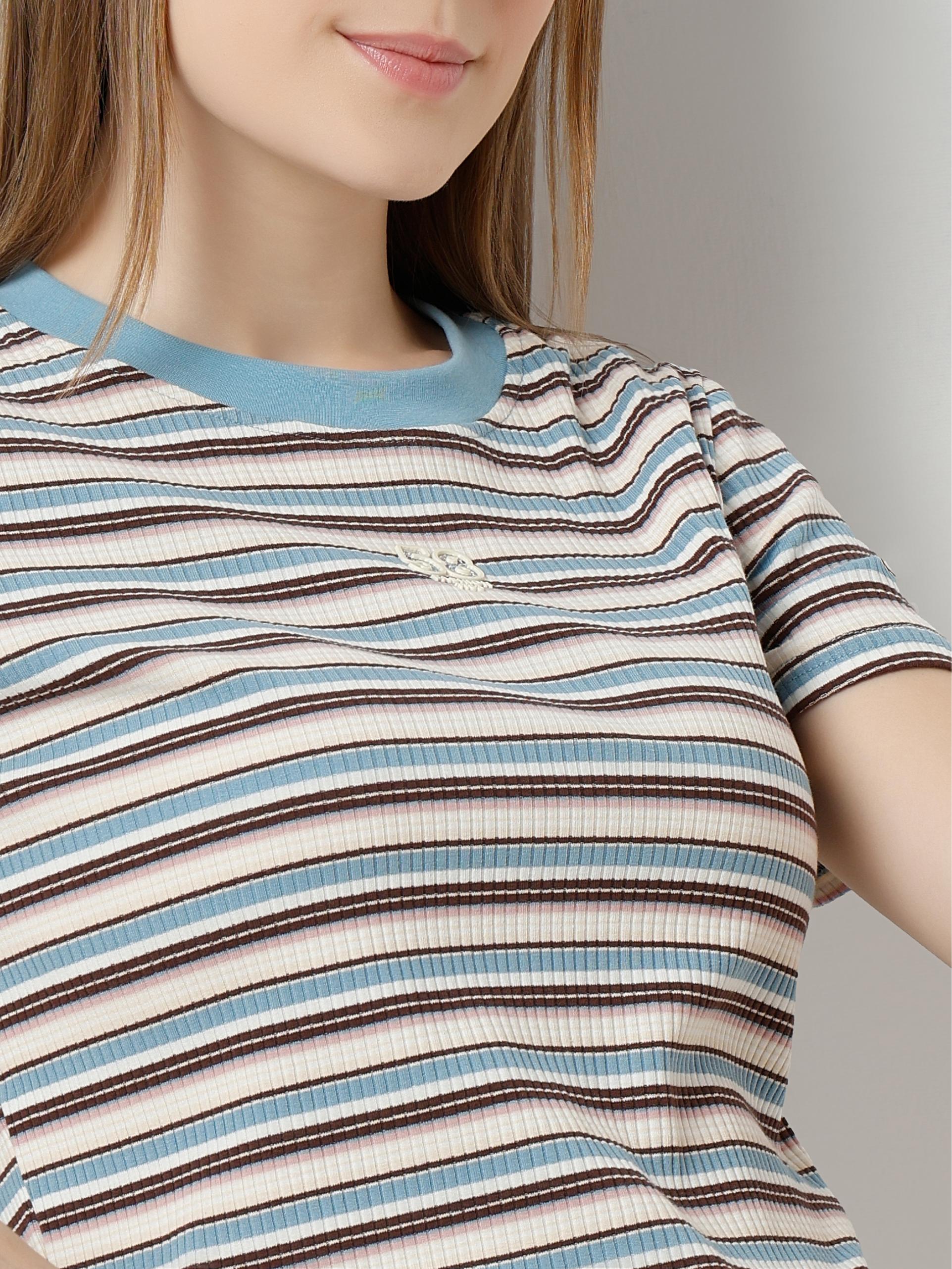 Multi-Stripe Ribbed Fitted Crop Top with Contrast Crew Neck