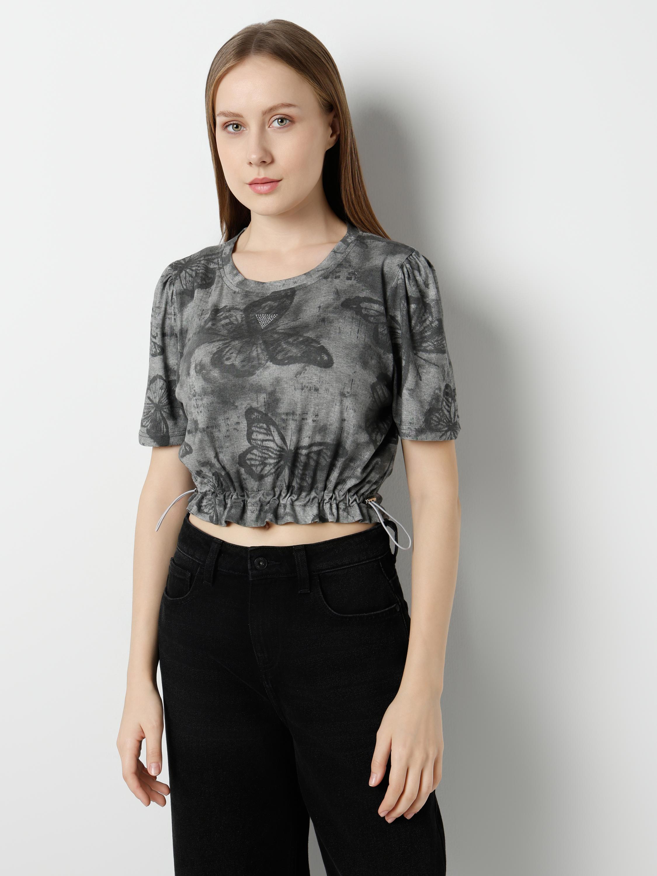 Butterfly Print Ruched Crop Tee