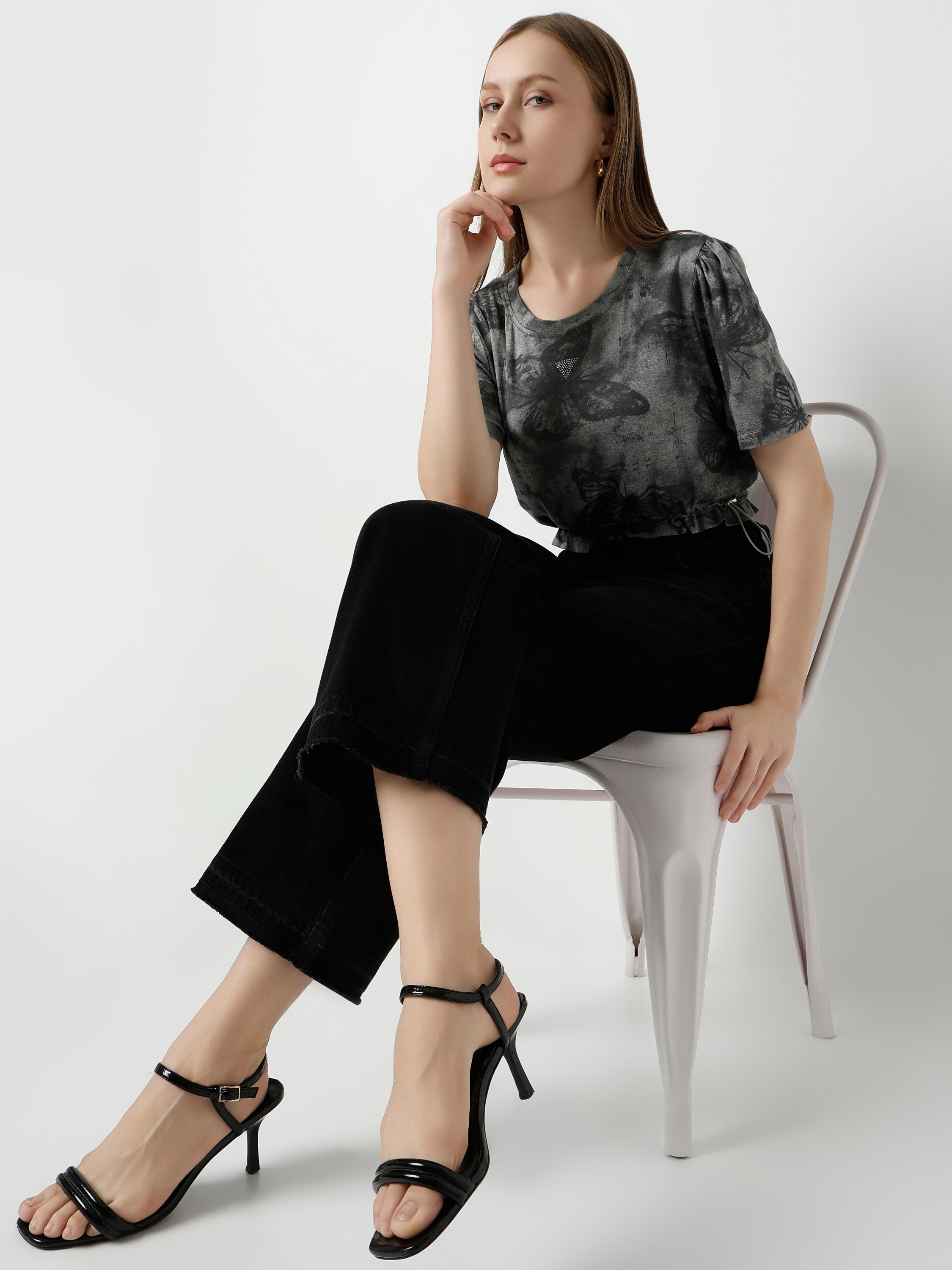 Butterfly Print Ruched Crop Tee
