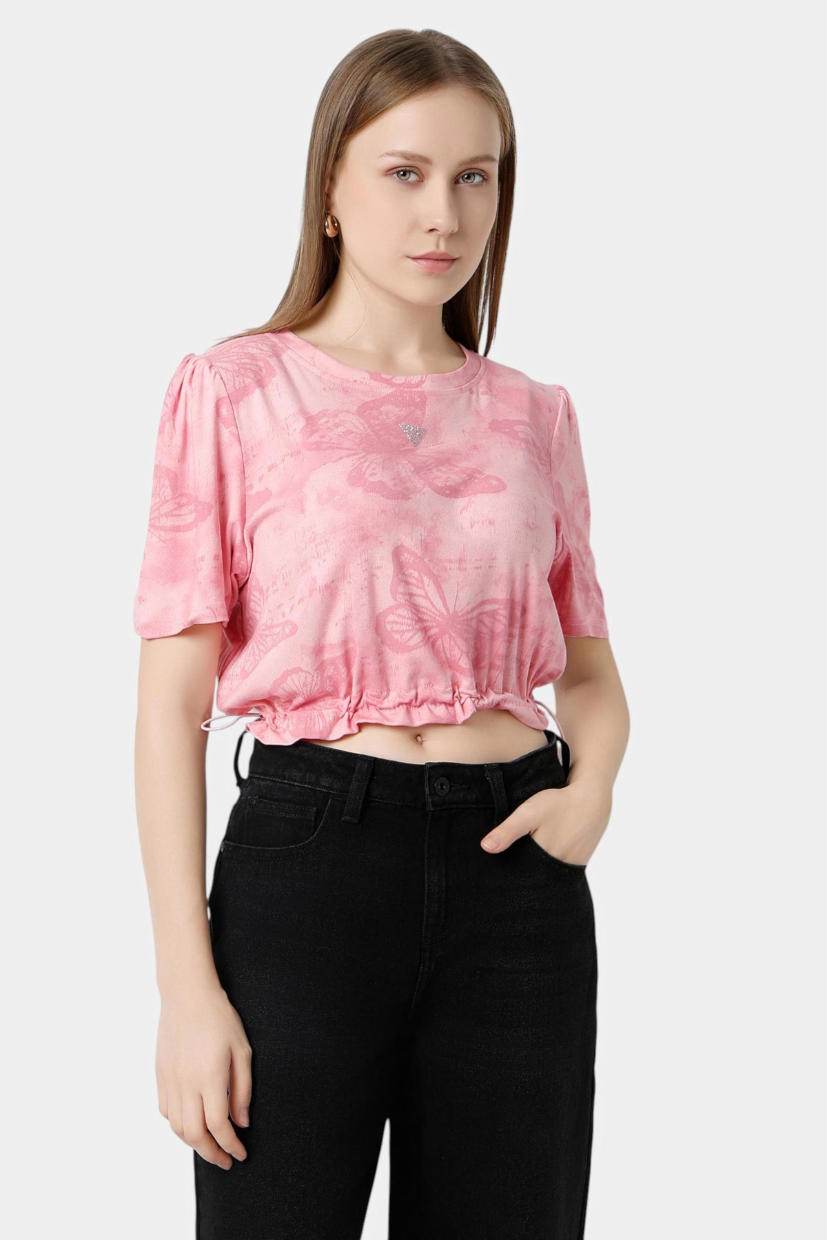 Pink Butterfly Print Crop Top with Drawstring Hem