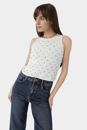 White Embellished Diamond Knit Sleeveless Top