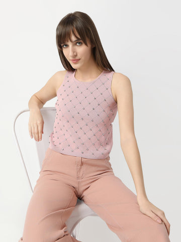 Diamond Knit Crop Top with All-Over Rhinestone Embellishment