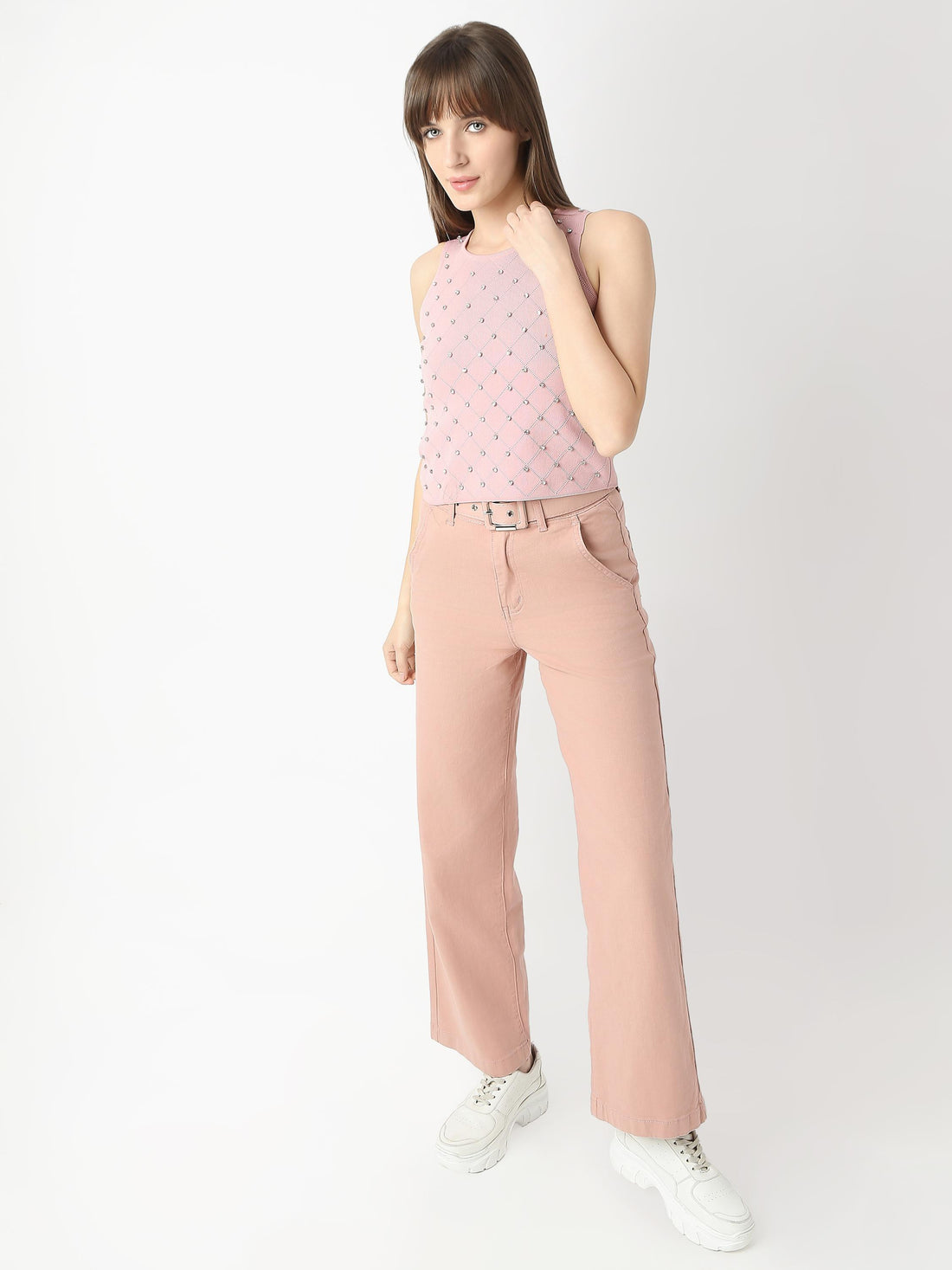 Diamond Knit Crop Top with All-Over Rhinestone Embellishment