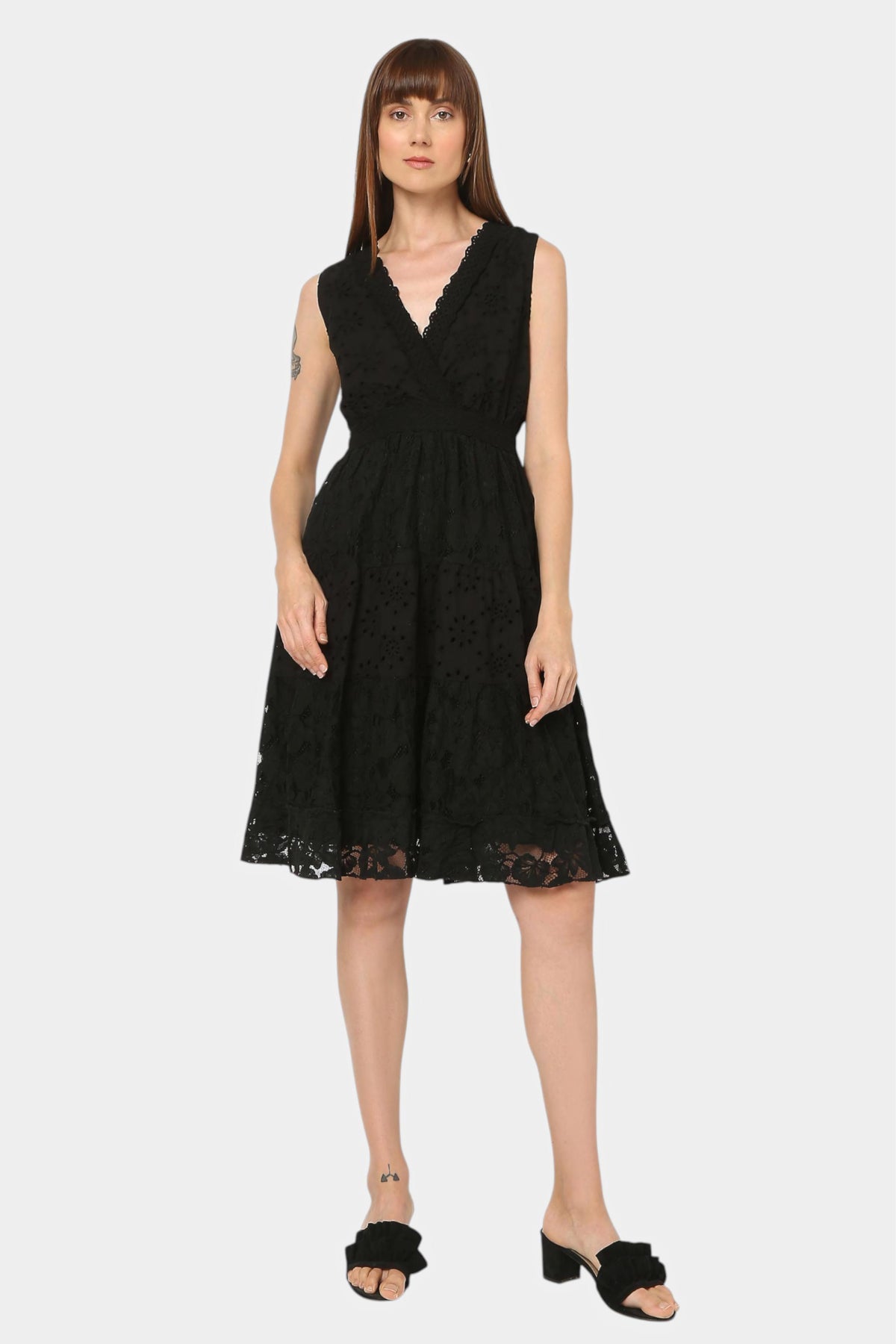 Black Schiffli Embroidered Fit and Flare Dress