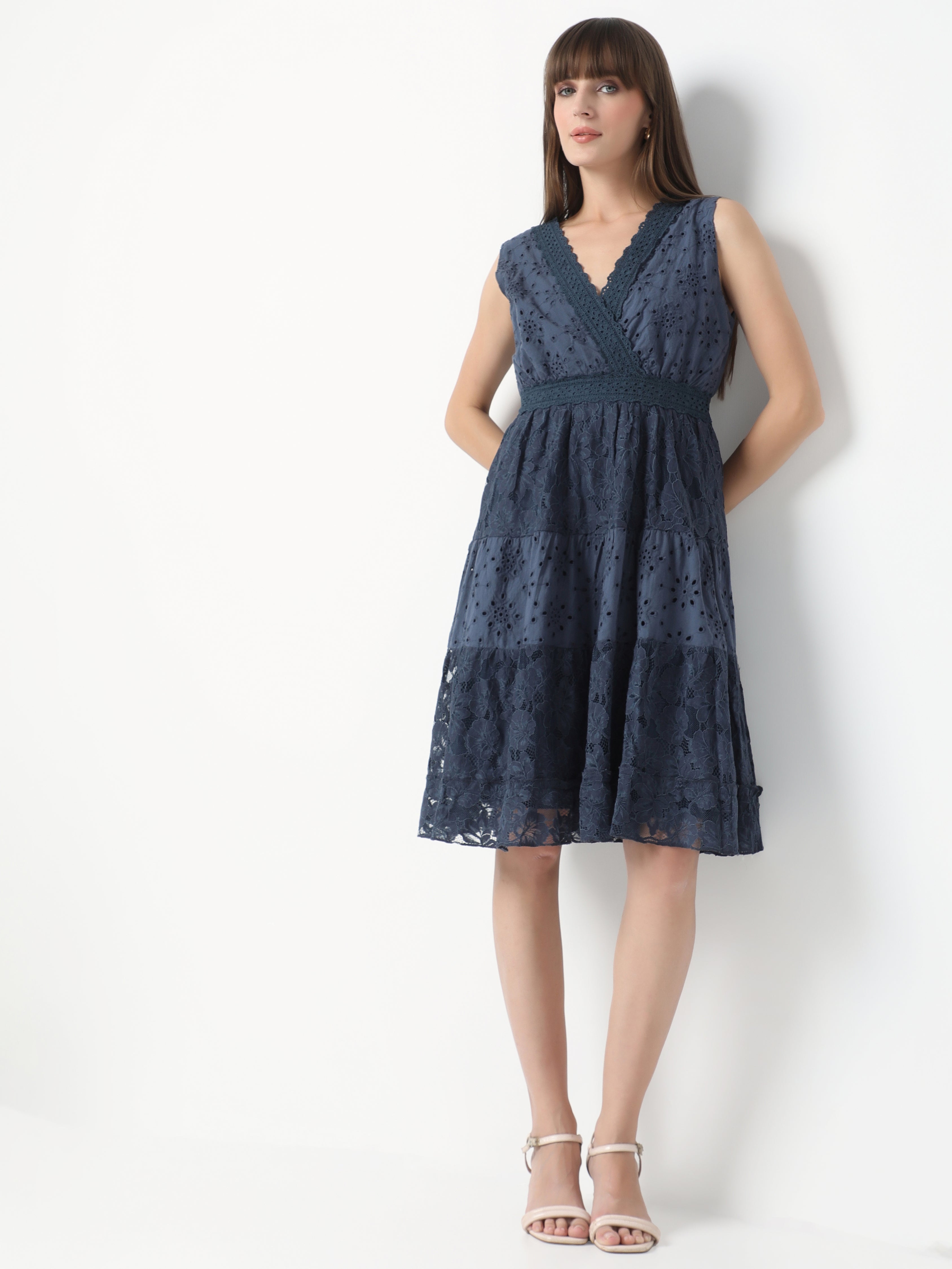Women's Sleeveless Lace-Trimmed Tiered Dress