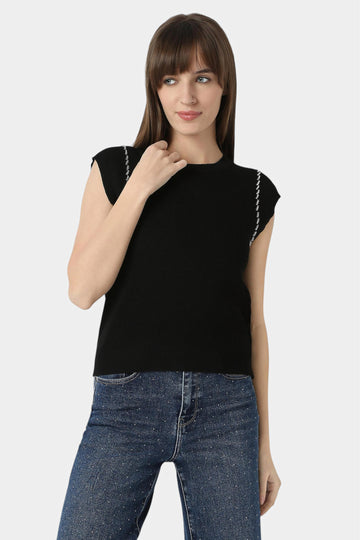 Black Knit Top with Embellished Shoulder Trim