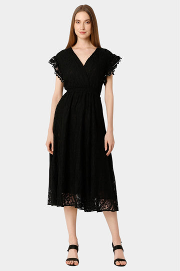 Black Schiffli Embroidered Wrap Midi Dress