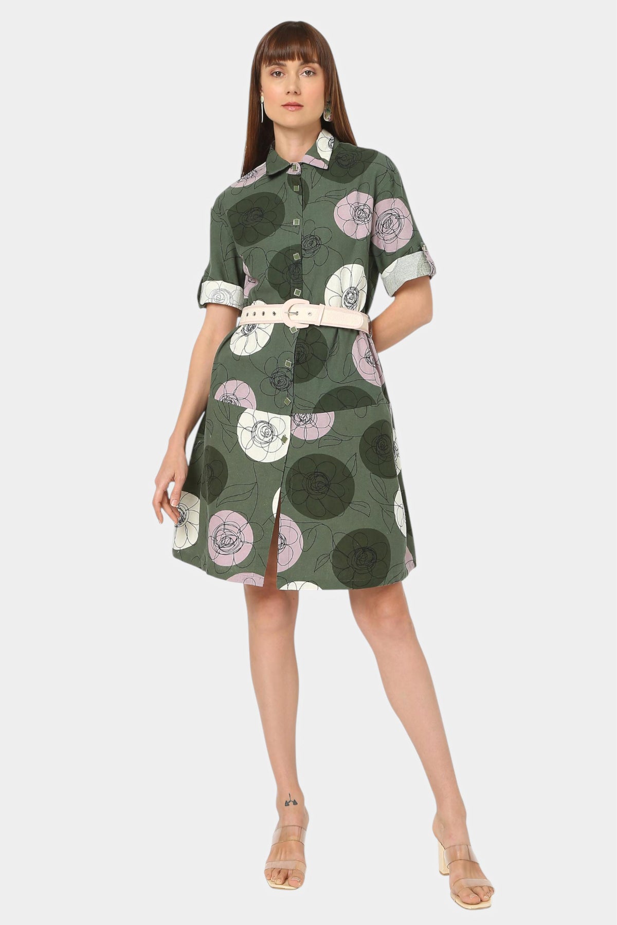 Floral Print Belted Shirt Dress