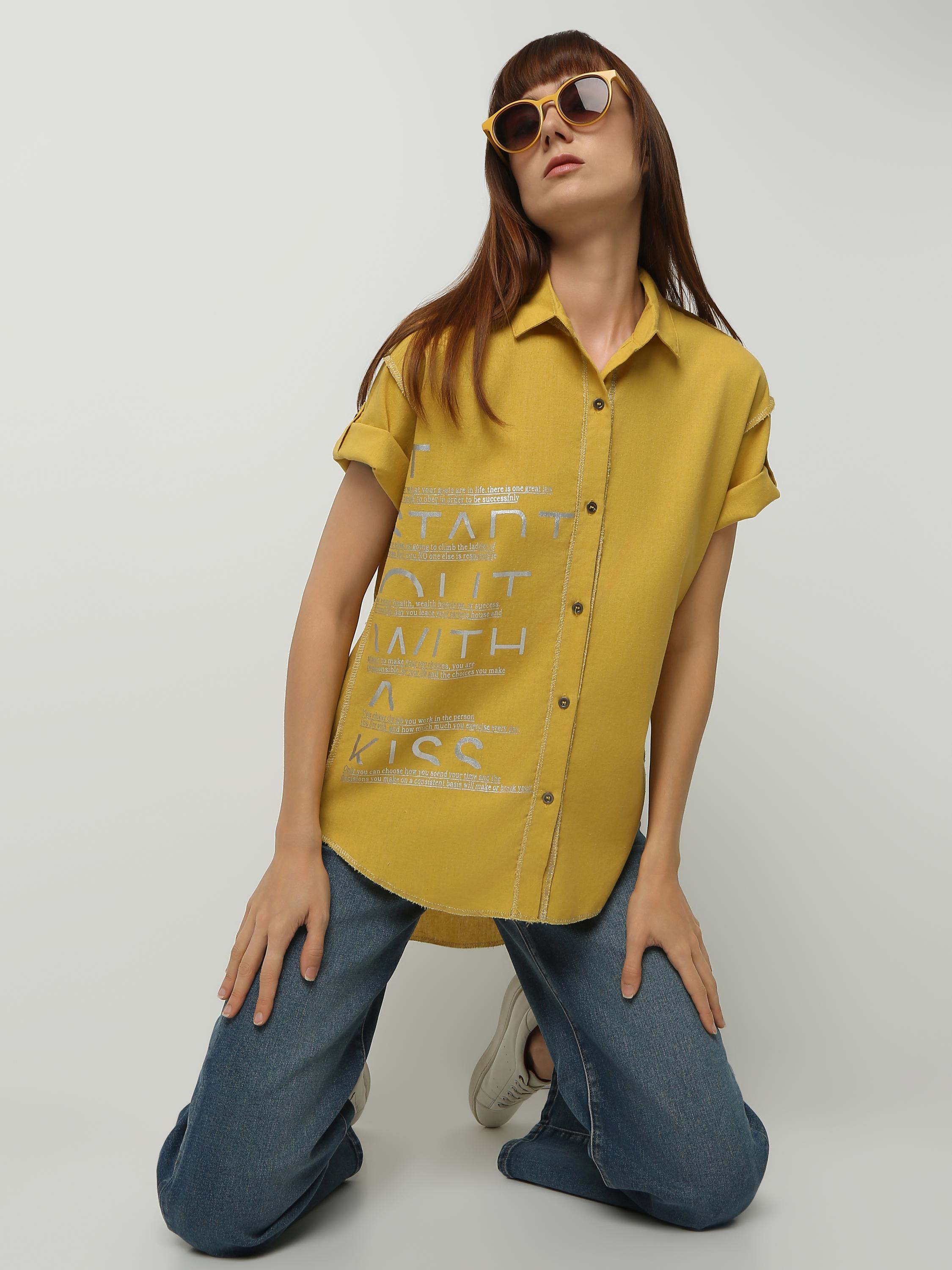 Statement Text Graphic Button Shirt