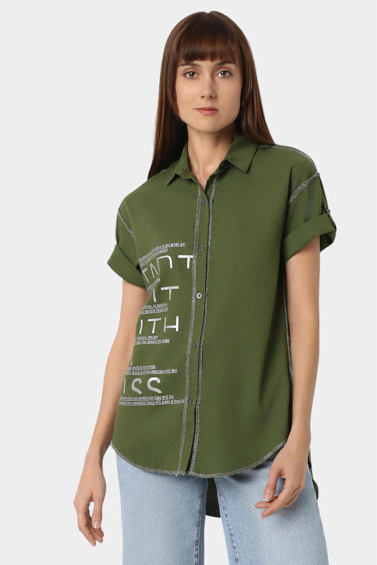 Typography Print Shirt with Contrast Seams