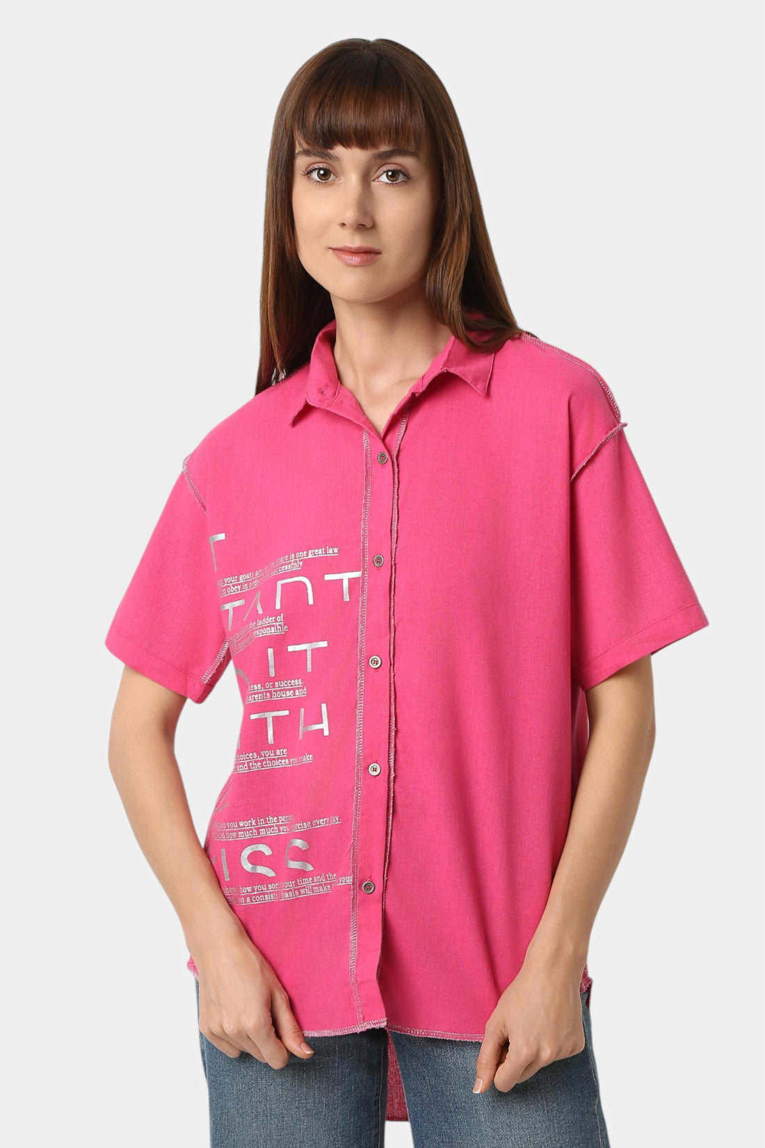 Typography Print Shirt with Contrast Seams