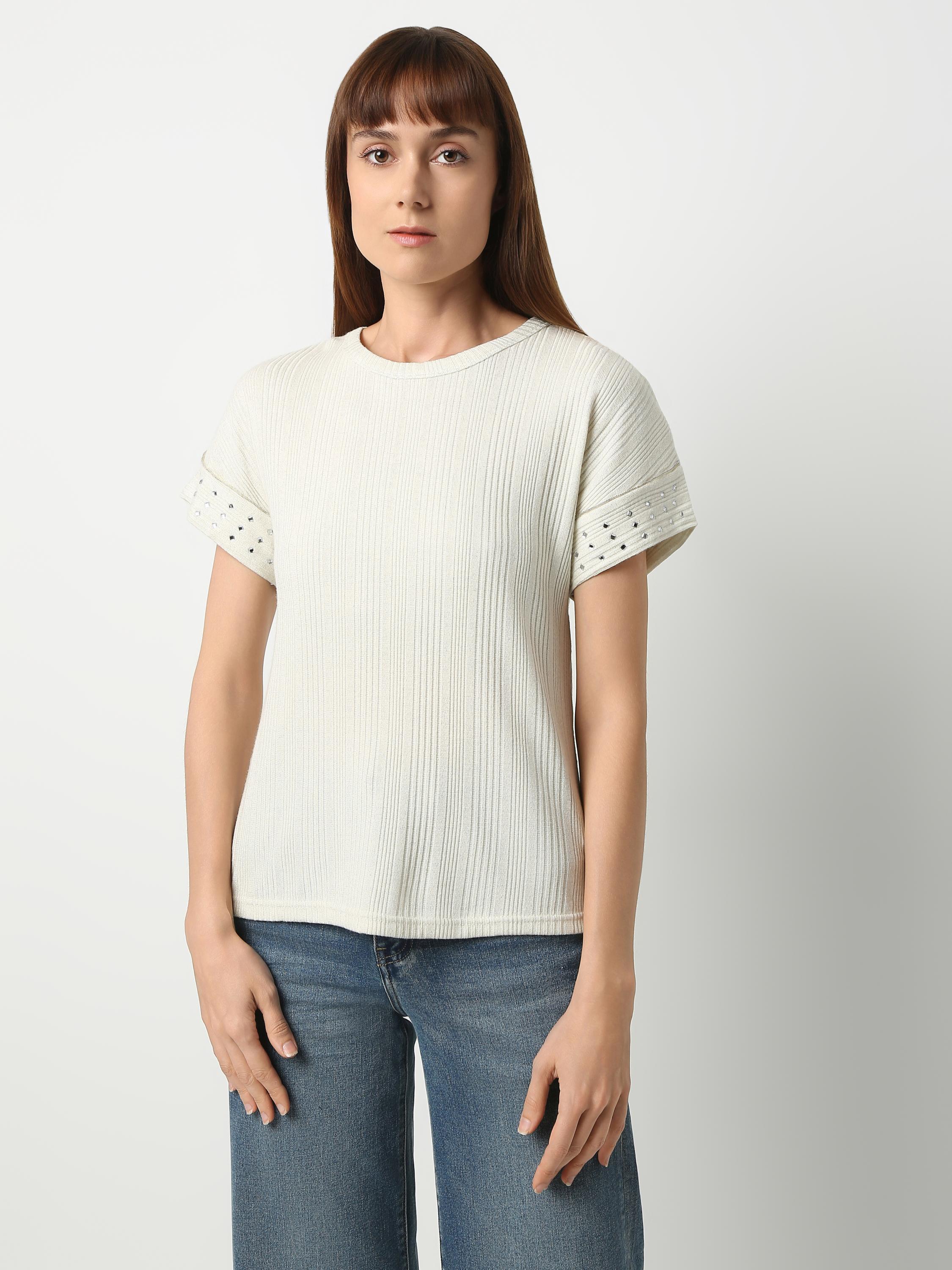Studded Sleeve Ribbed Knit Top