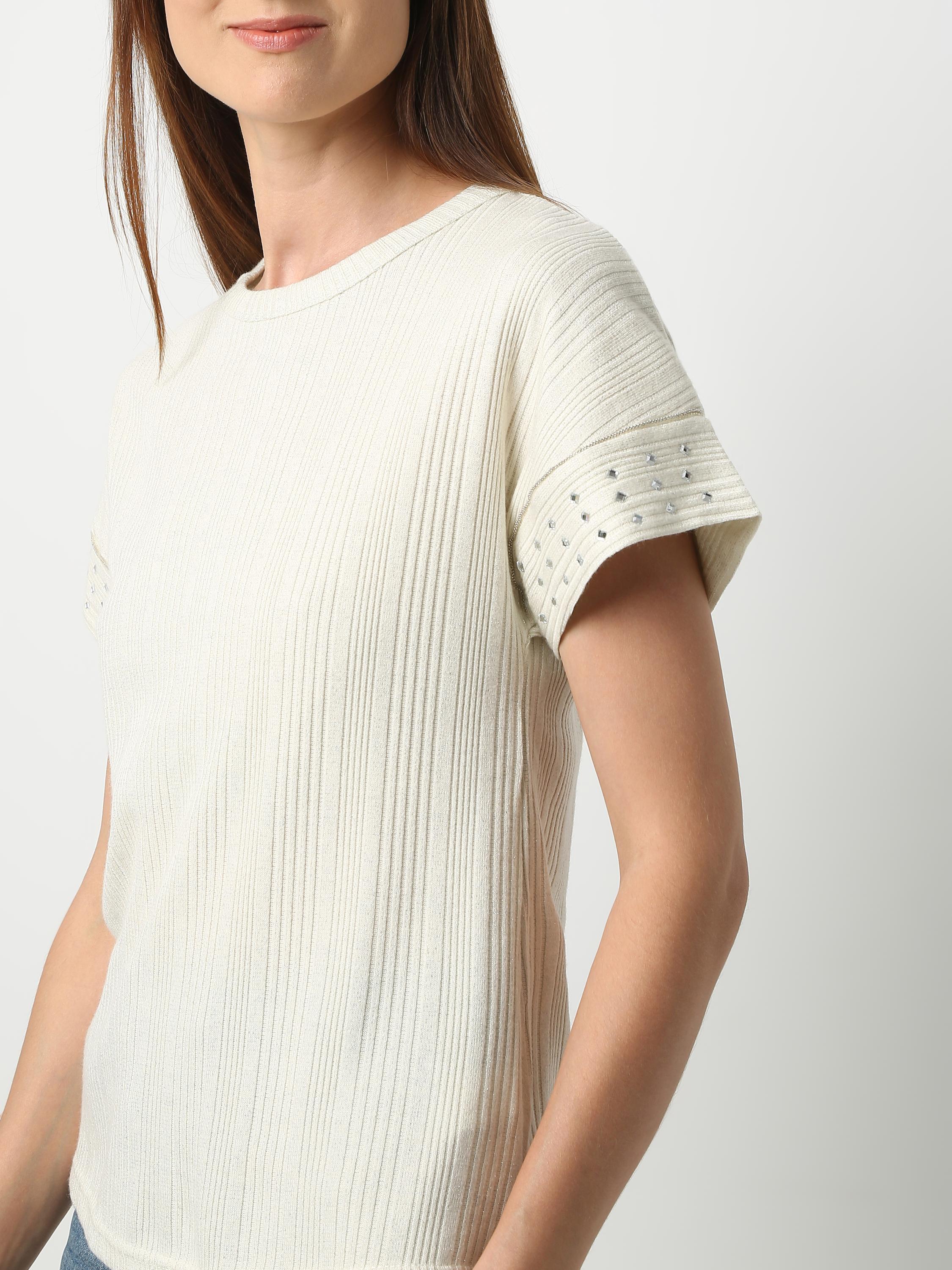 Studded Sleeve Ribbed Knit Top