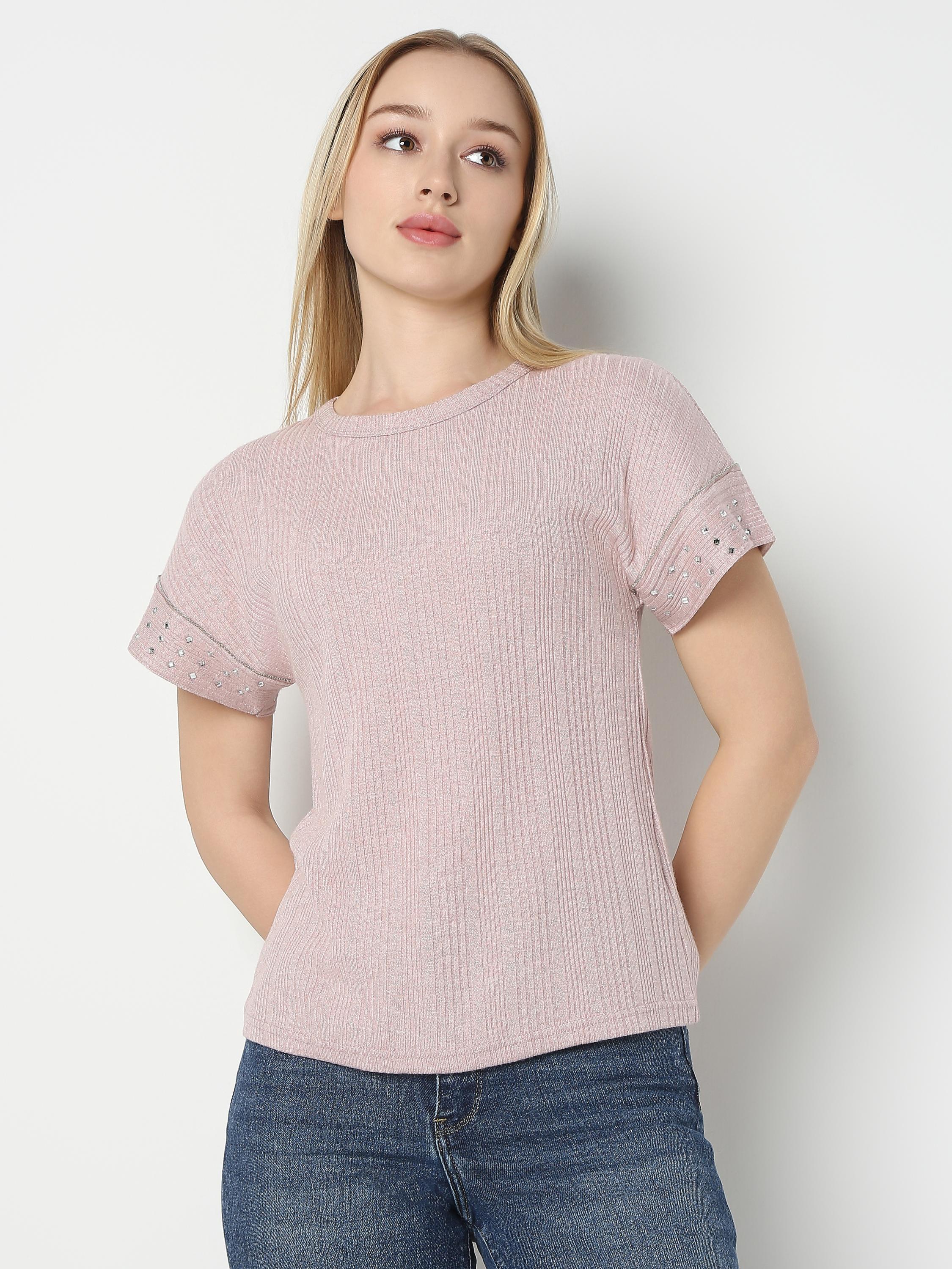 Studded Sleeve Ribbed Knit Top