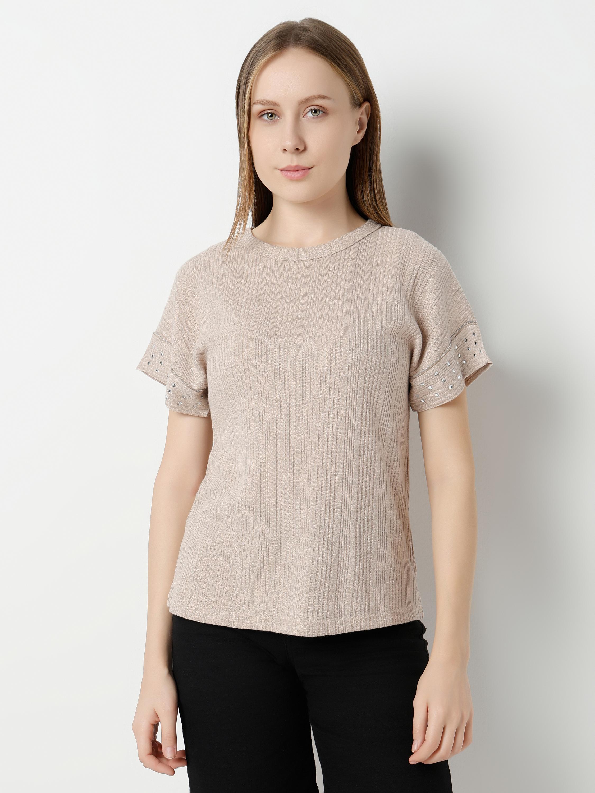 Studded Sleeve Ribbed Knit Top