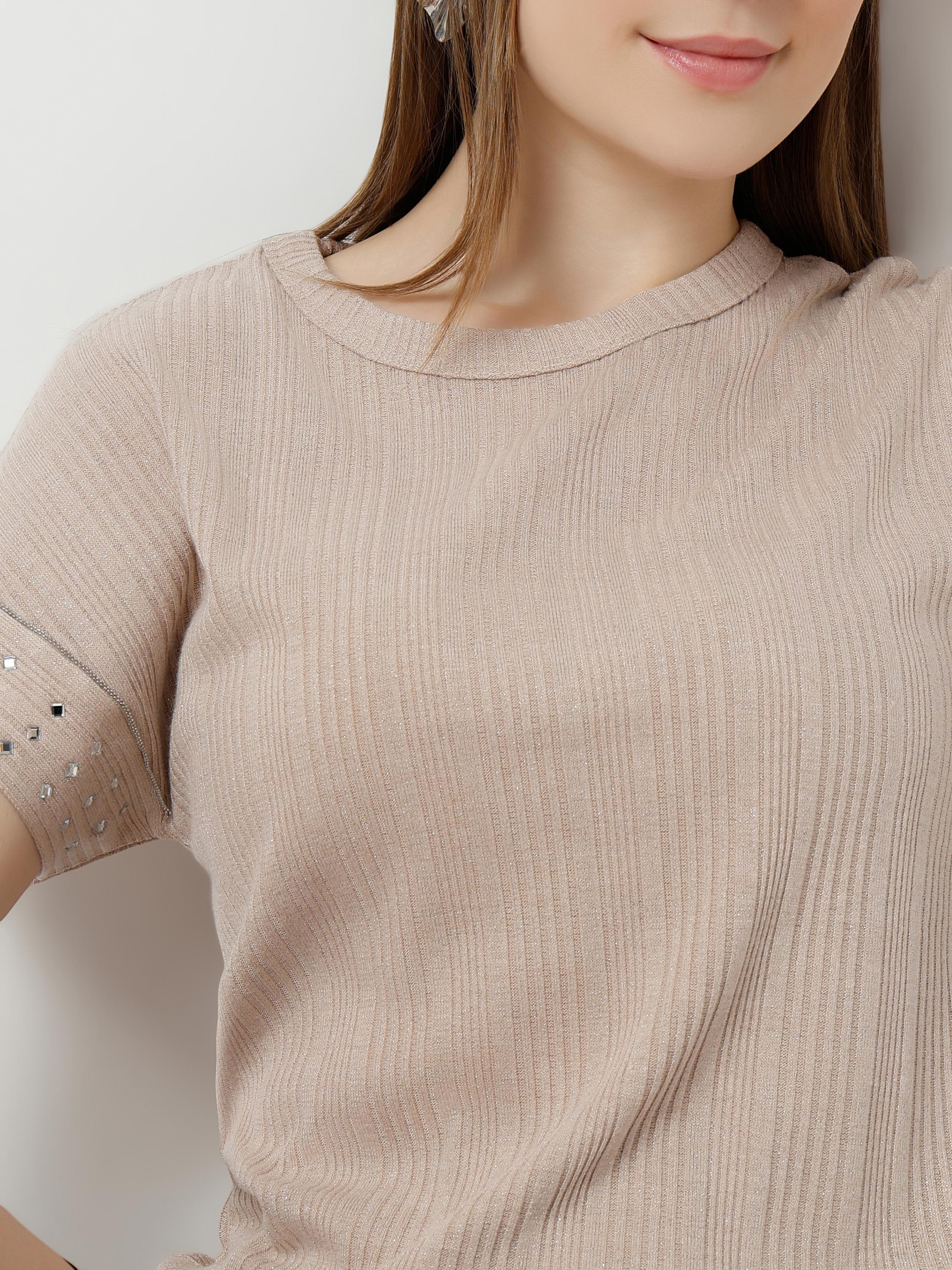 Studded Sleeve Ribbed Knit Top