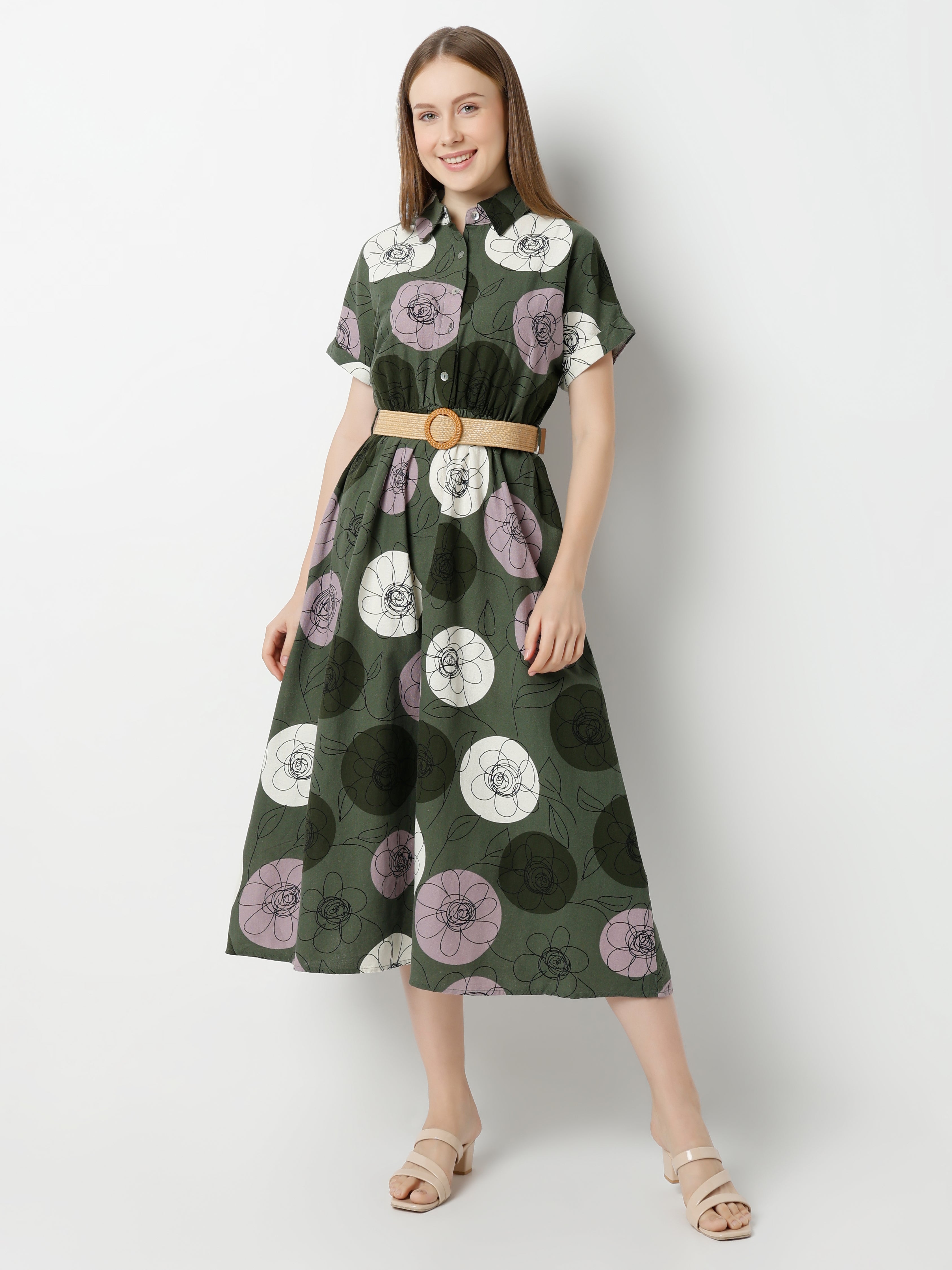 Women's Floral Print Midi Shirt Dress