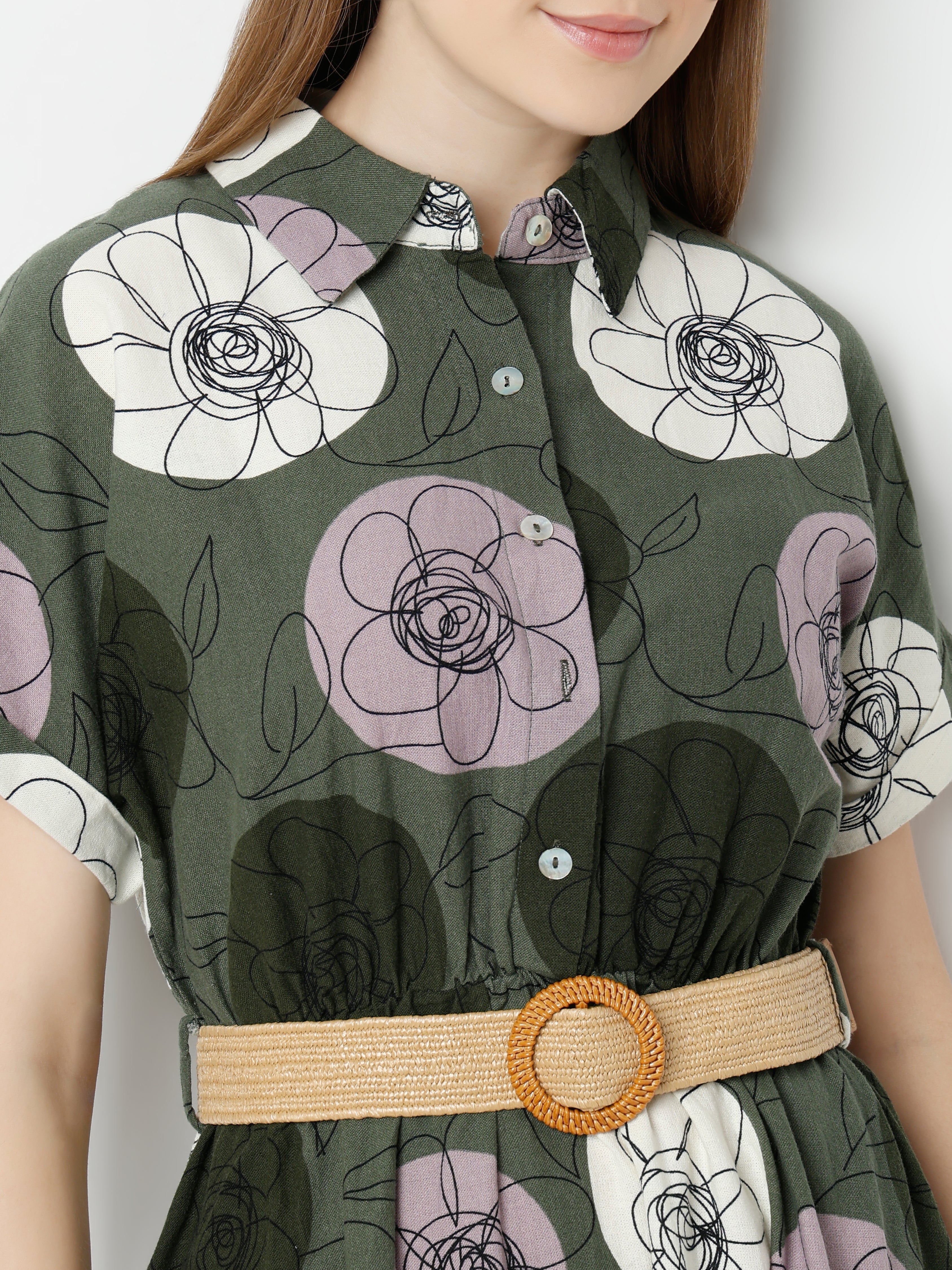 Women's Floral Print Midi Shirt Dress