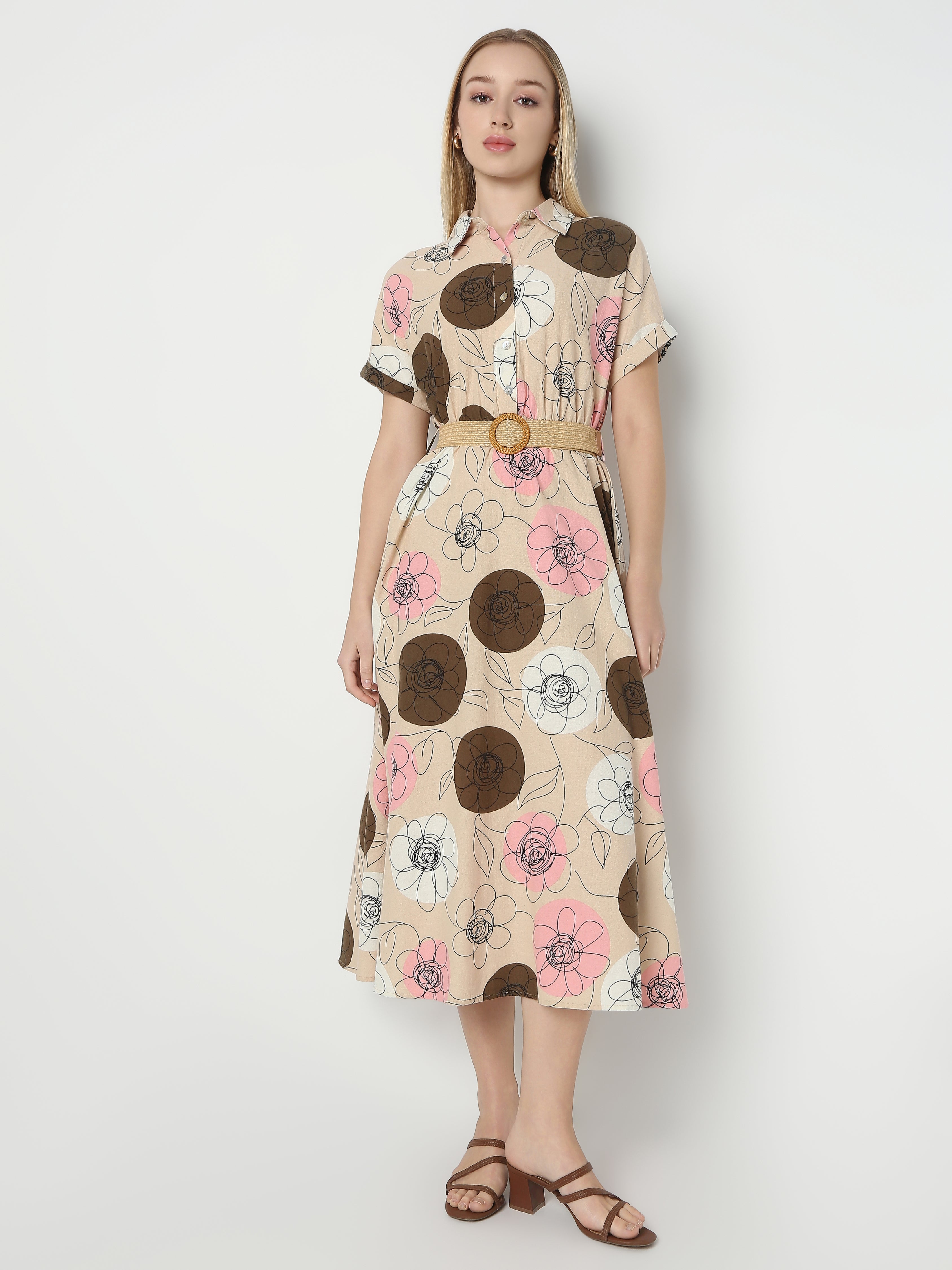 Women's Floral Print Midi Shirt Dress