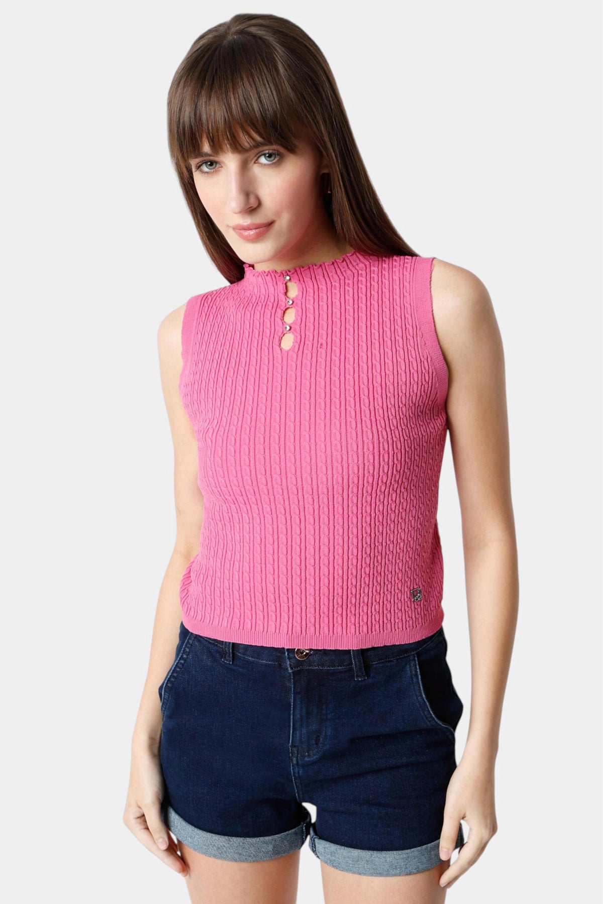 Pink Cable Knit Sleeveless Top with Keyhole Neck