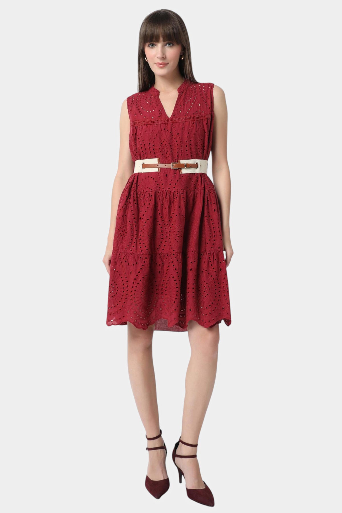 Schiffli Tiered Dress with Belt